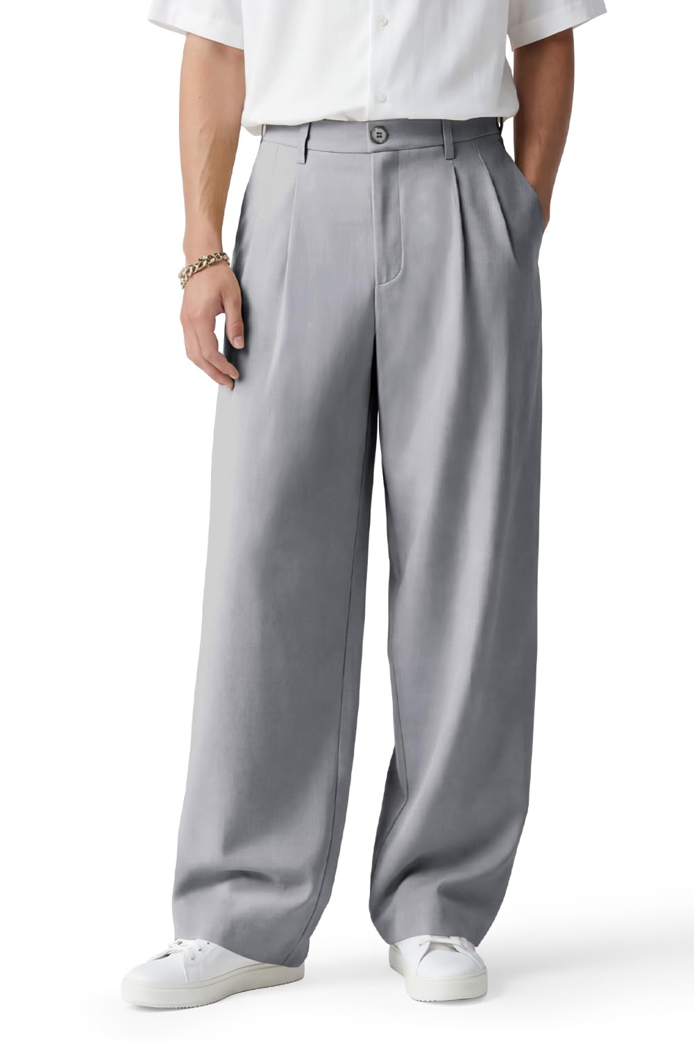 Heyfanee Mens Casual Pants Baggy with Pleats Slacks for Men Relaxed fit Lightweight Chinos Light Grey 34
