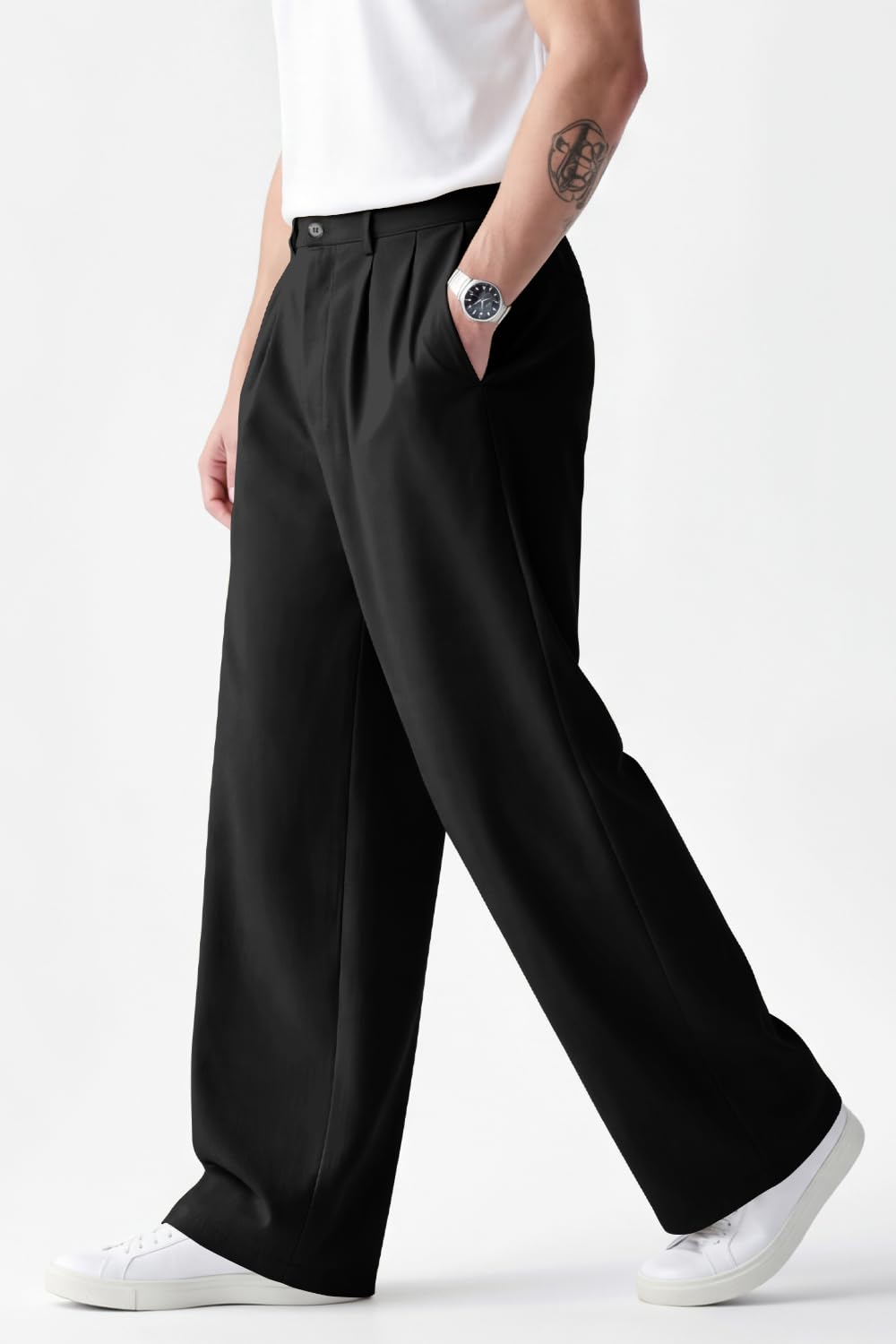 Heyfanee Mens Casual Pants Baggy with Pleats Slacks for Men Relaxed fit Lightweight Chinos Black 34