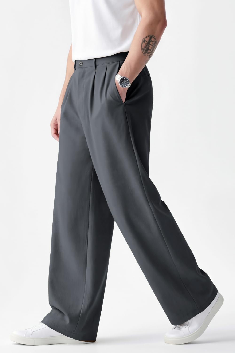 Heyfanee Mens Business Casual Pants Relaxed Fit Chino Dress Pants for Men Baggy Slacks Dark Grey 34