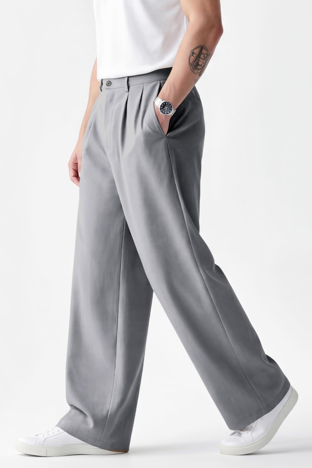 Heyfanee Mens Casual Pants Baggy with Pleats Slacks for Men Relaxed fit Lightweight Chinos Light Grey 34