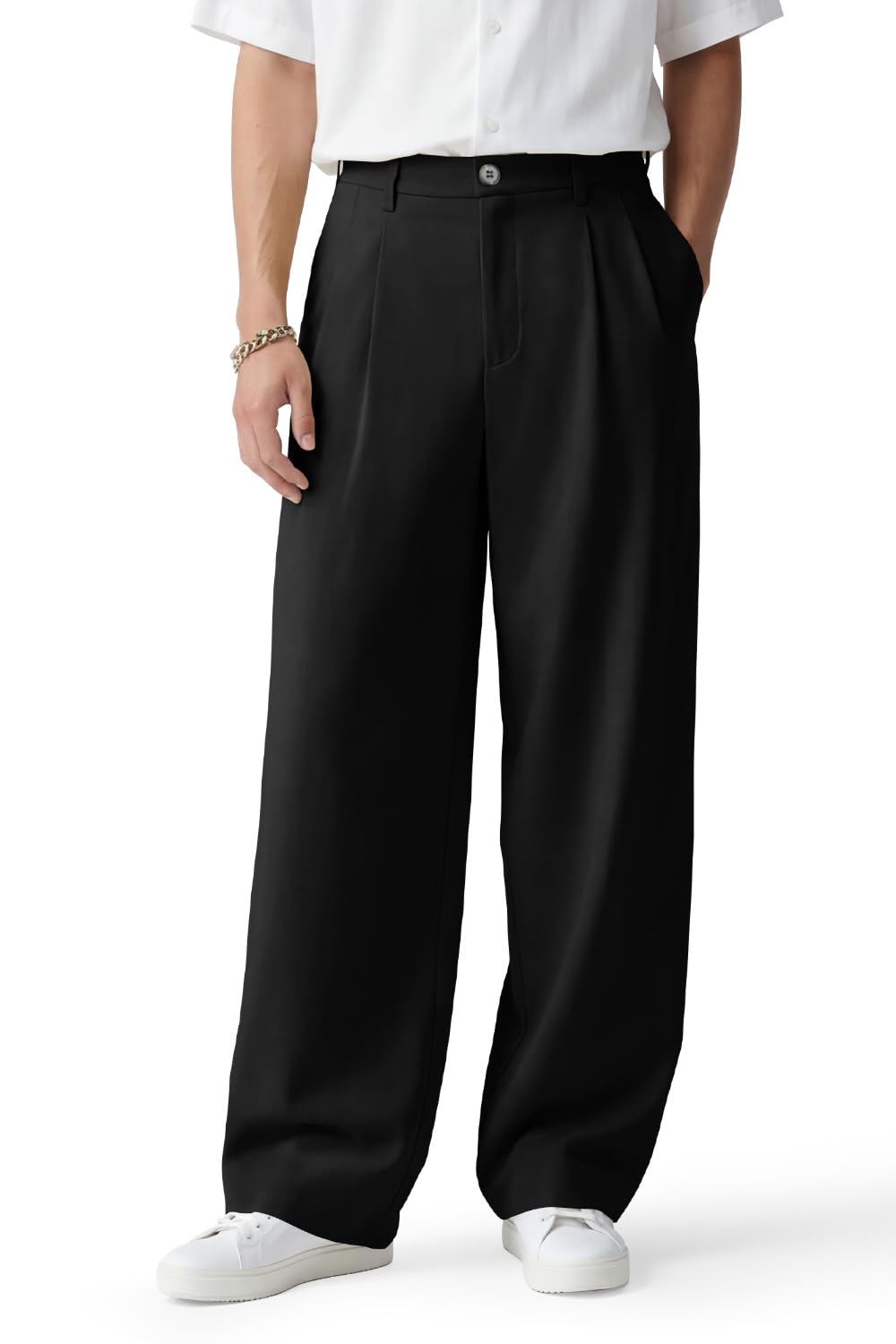 Heyfanee Mens Casual Pants Baggy with Pleats Slacks for Men Relaxed fit Lightweight Chinos Black 34