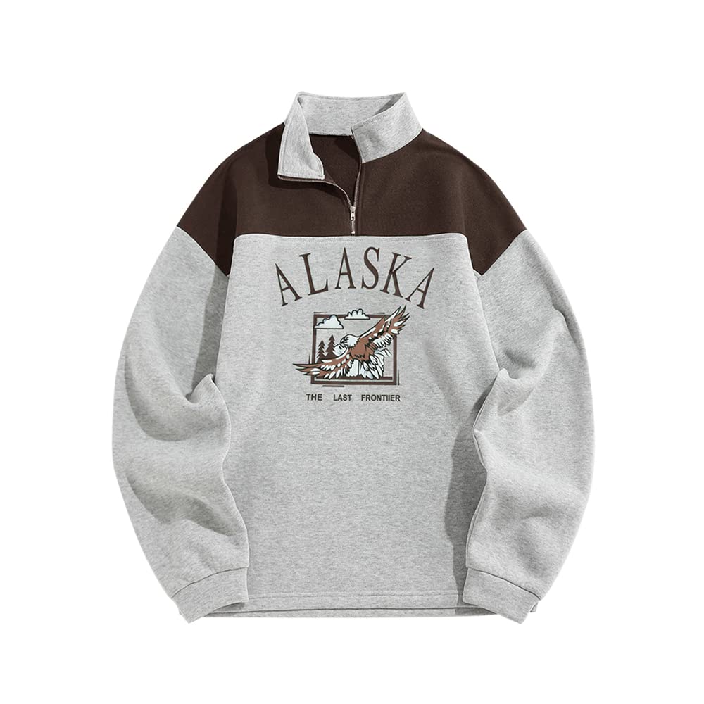 ZAFUL Men's Letters Embroidered Raglan Sleeve Quarter Zip Fleece Vintage Pullover Sweatshirt (ALASKA-Deep Coffee, L)