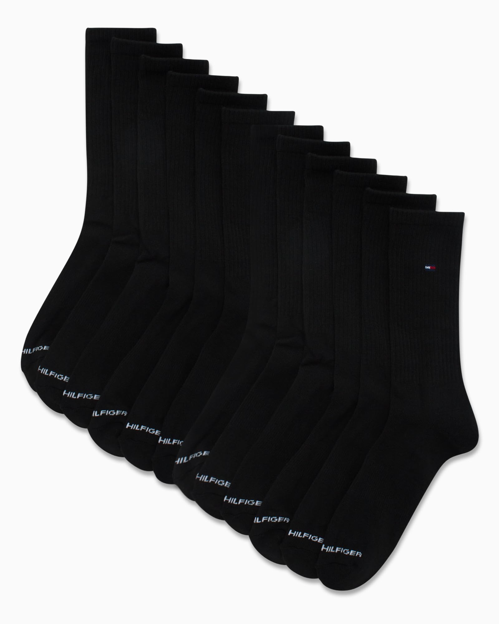 Tommy Hilfiger Mens Crew Socks - 12 Pack Cotton Blend Cushioned Athletic Performance Crew Length Running Socks for Men, Size 7-12, Pure Black