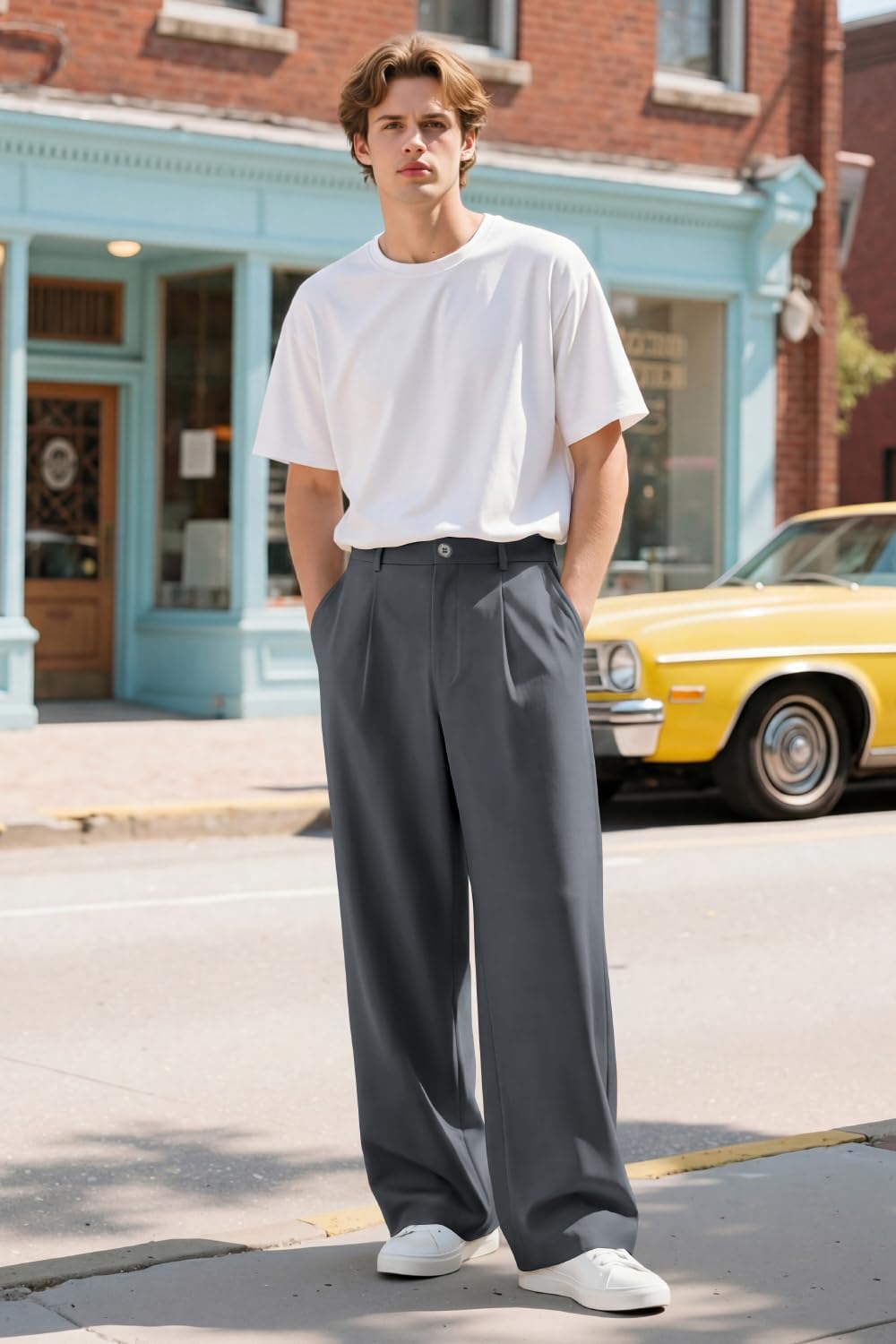 Heyfanee Mens Business Casual Pants Relaxed Fit Chino Dress Pants for Men Baggy Slacks Dark Grey 34