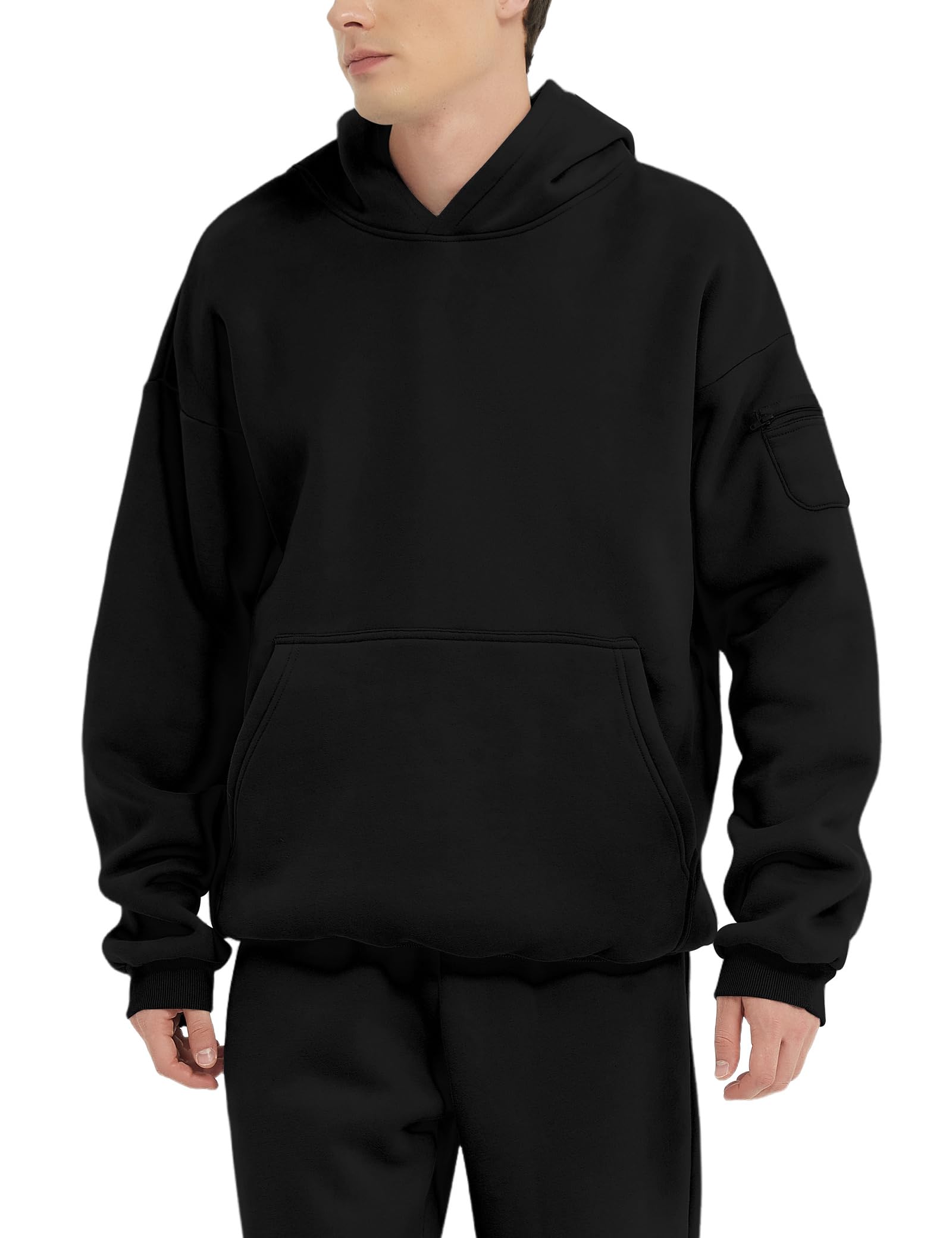 FAIABLE Mens Fleece Pullover Hoodie Relaxed Fit Oversized Hoodie for Men Soft Hooded Sweatshirts Everyday Casual Travel Hoodie with Zipper Pockets,Black, Medium