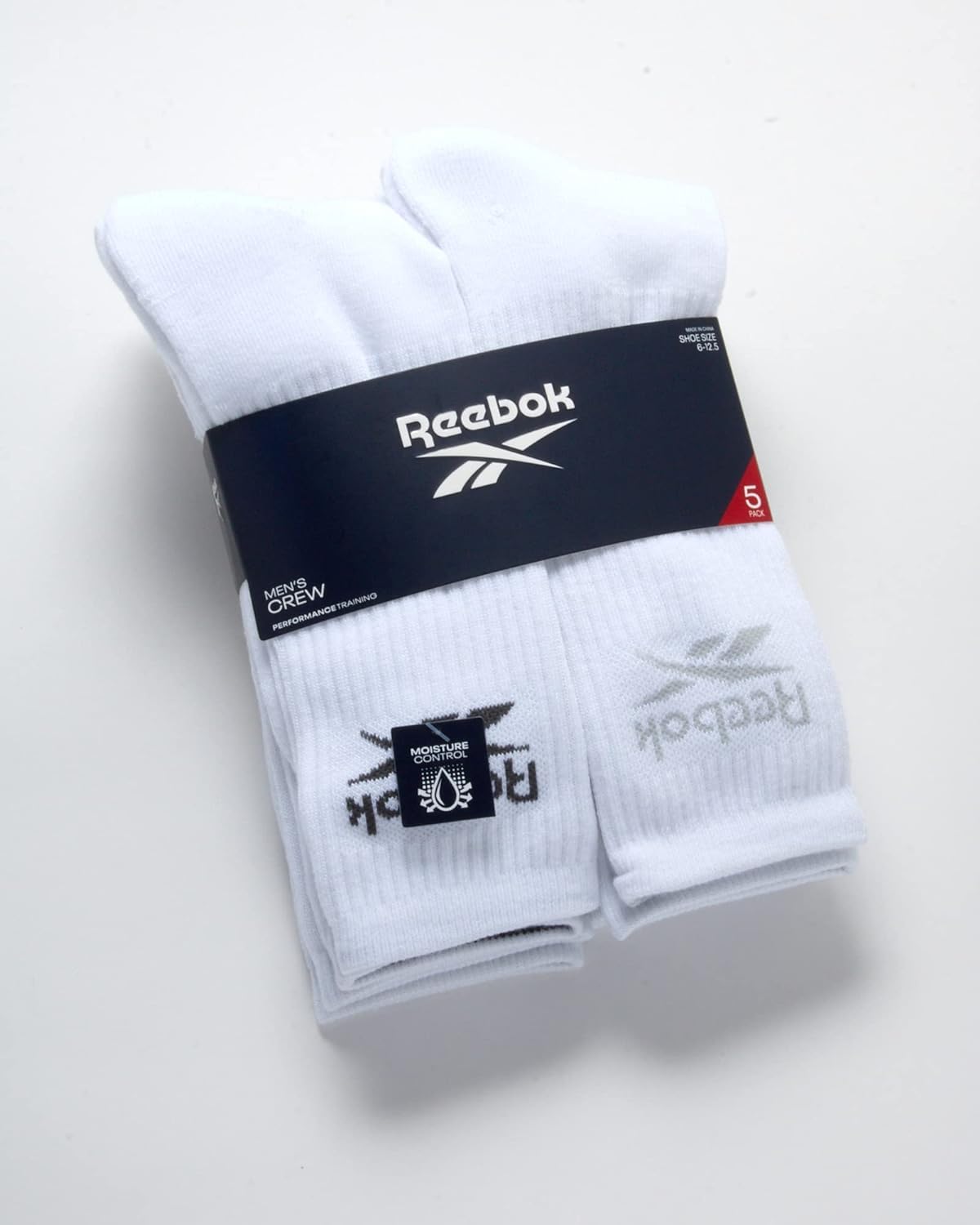 Reebok Mens Athletic Crew Socks - 5 Pack Moisture Wicking Cushioned Athletic Socks for Men with Reinforced Seams (6-12.5), Size 6-12.5, All White