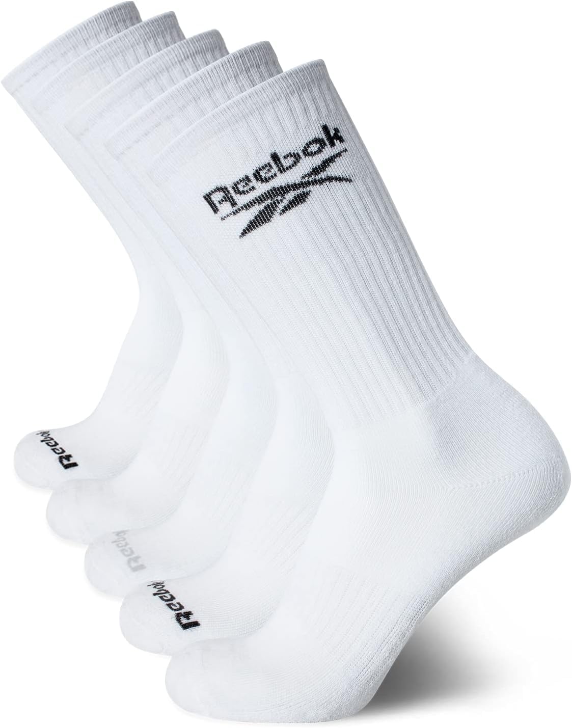 Reebok Mens Athletic Crew Socks - 5 Pack Moisture Wicking Cushioned Athletic Socks for Men with Reinforced Seams (6-12.5), Size 6-12.5, All White