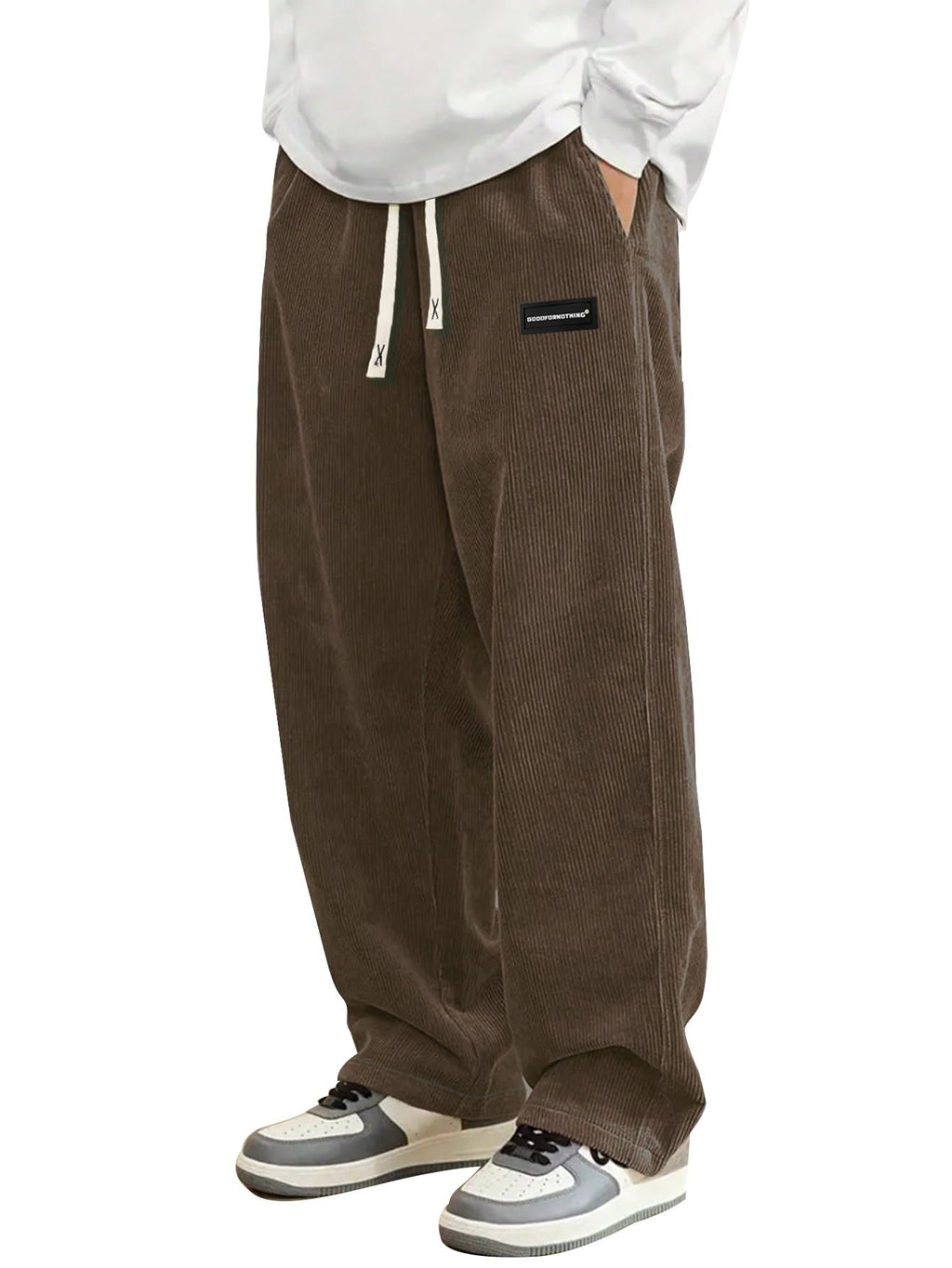 Hidkat Mens Corduroy Casual Pants Fashion Loose Fit Wide Leg Pants Straight Sweatpants Elastic Waist Drawstring Brown