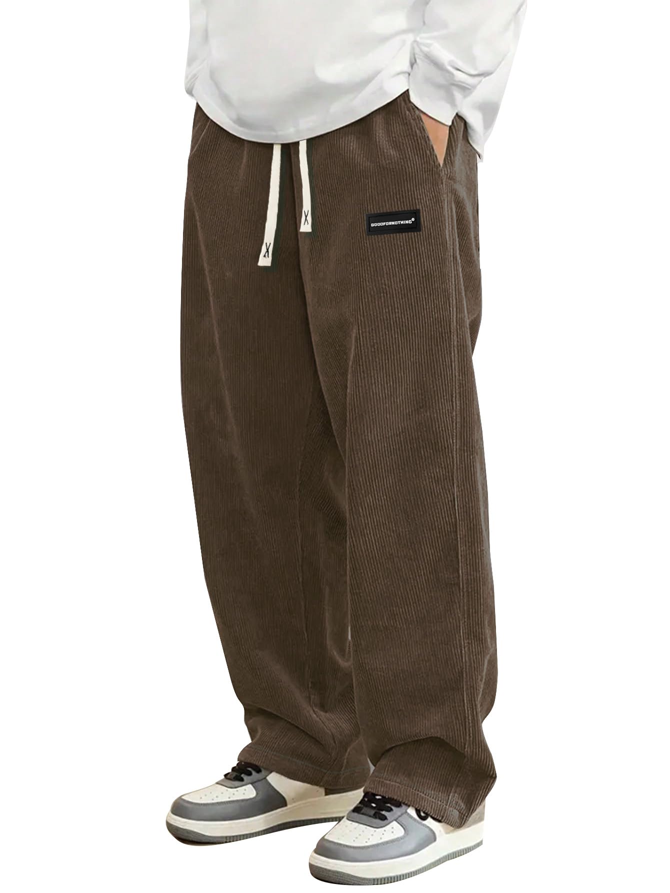 Hidkat Mens Corduroy Casual Pants Fashion Loose Fit Wide Leg Pants Straight Sweatpants Elastic Waist Drawstring Brown