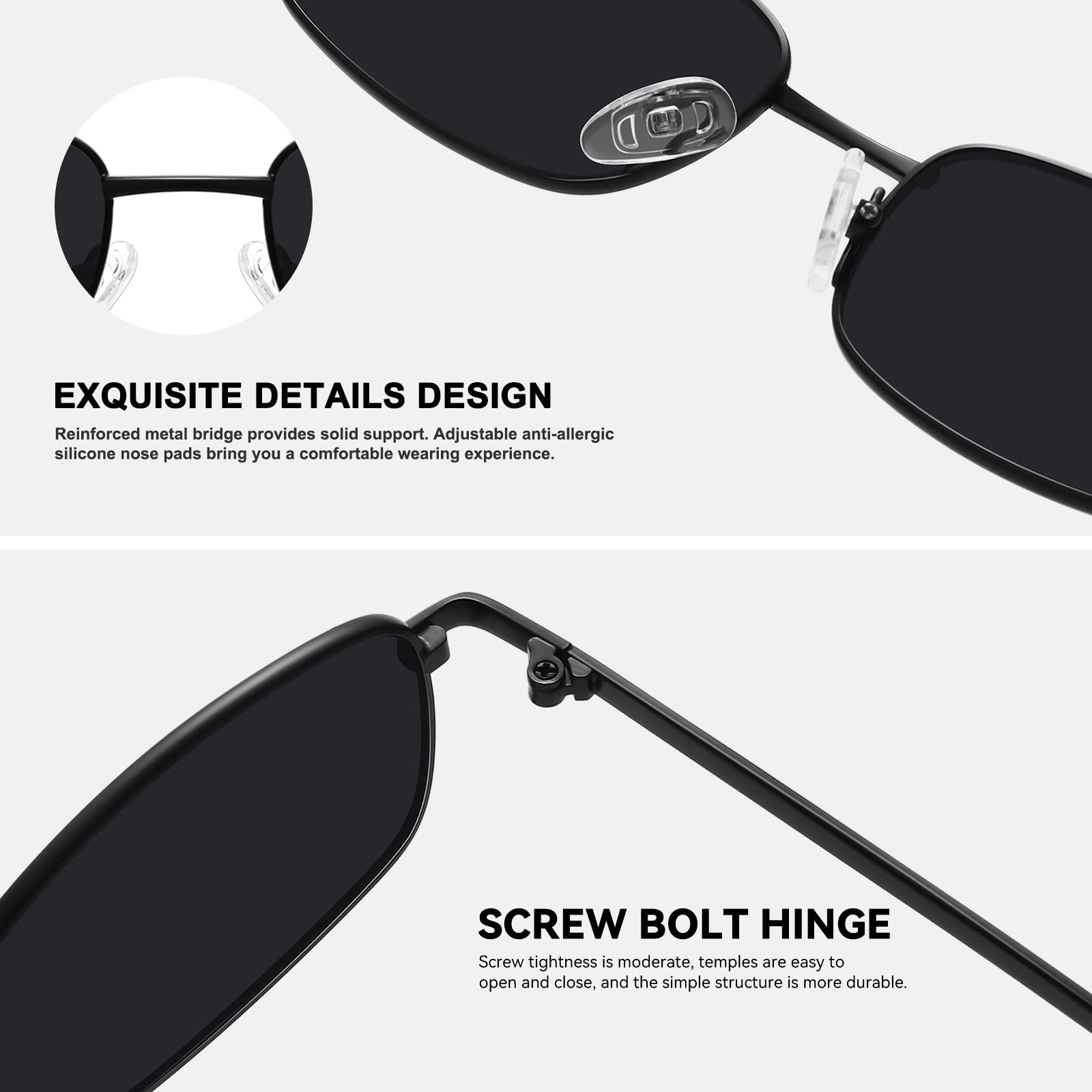 Fozono Rectangle Sunglasses for Womens Mens 90s Retro Small Narrow Square Frame UV400 Protection/Black Gray