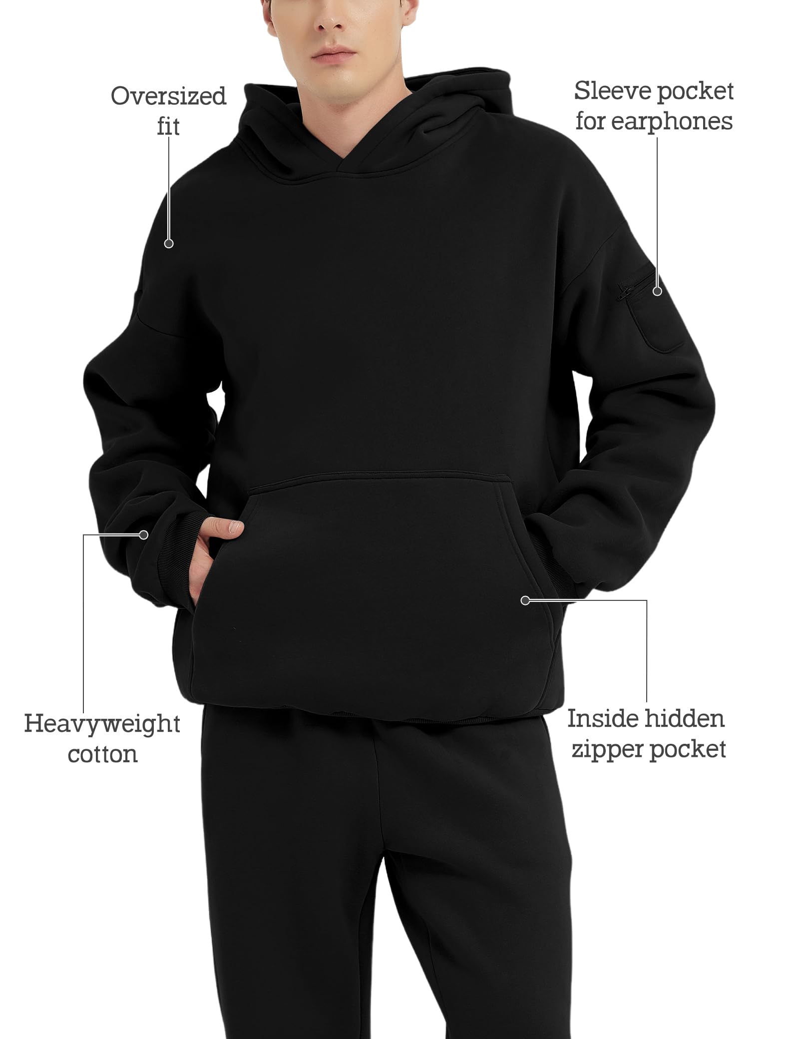 FAIABLE Mens Fleece Pullover Hoodie Relaxed Fit Oversized Hoodie for Men Soft Hooded Sweatshirts Everyday Casual Travel Hoodie with Zipper Pockets,Black, Medium
