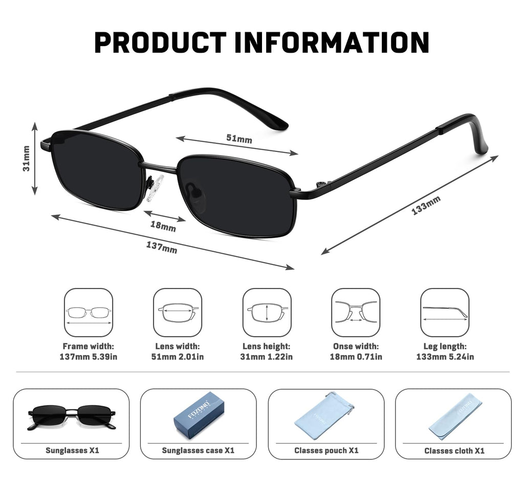 Fozono Rectangle Sunglasses for Womens Mens 90s Retro Small Narrow Square Frame UV400 Protection/Black Gray