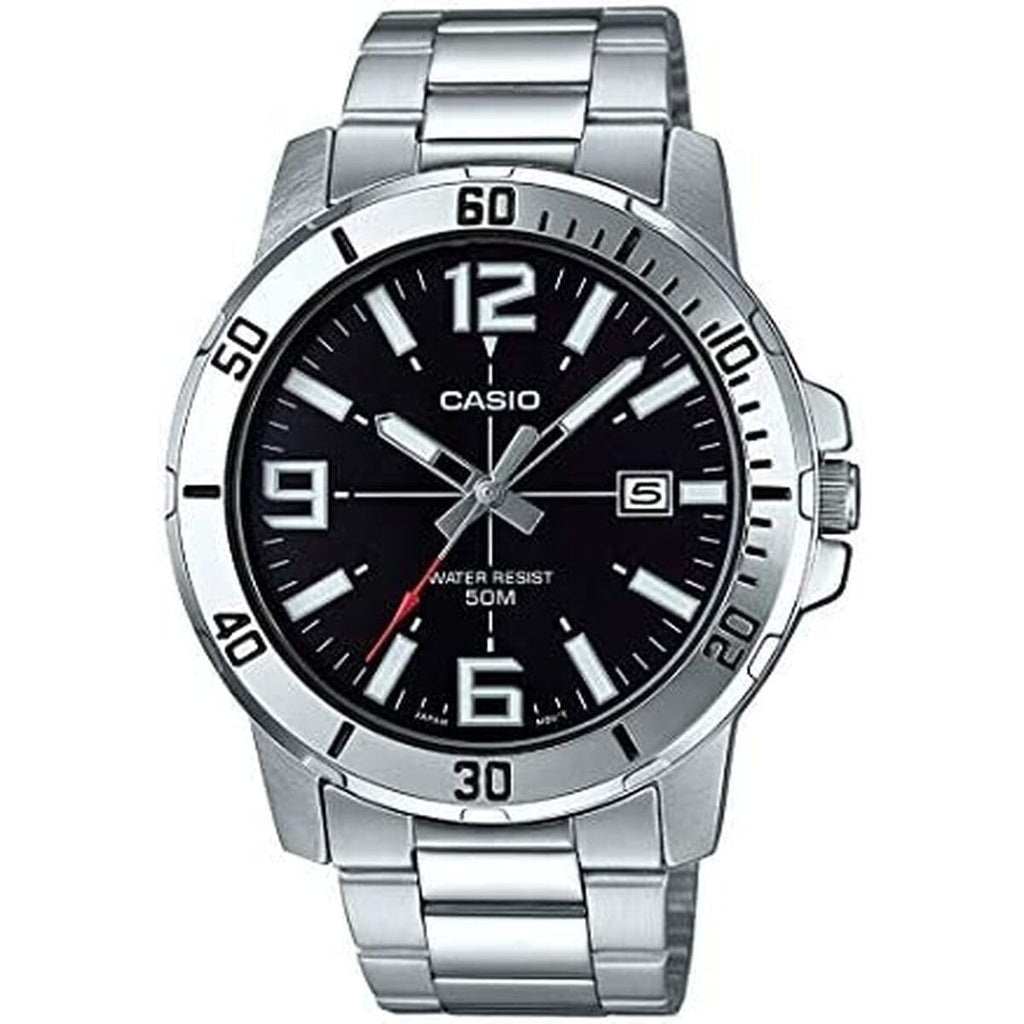 Casio MTP-VD01D-1BV Men's Enticer Stainless Steel Black Dial Casual Analog Sporty Watch, Silver, 48×42×10.7mm, Quartz Movement
