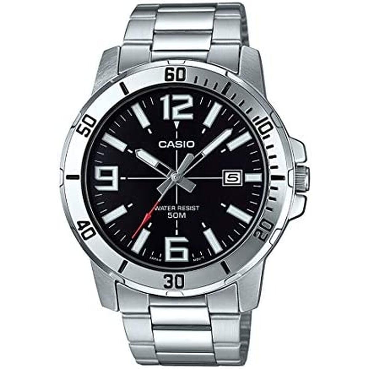 Casio MTP-VD01D-1BV Men's Enticer Stainless Steel Black Dial Casual Analog Sporty Watch, Silver, 48×42×10.7mm, Quartz Movement