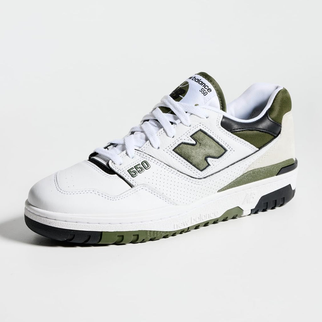 New Balance Men's 550 Sneakers, White/Dark Olivine, 9 Medium US