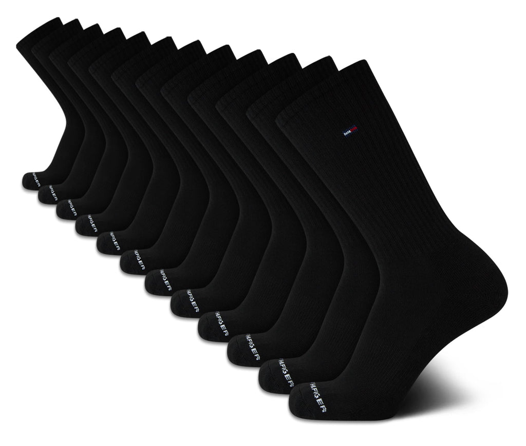 Tommy Hilfiger Mens Crew Socks - 12 Pack Cotton Blend Cushioned Athletic Performance Crew Length Running Socks for Men, Size 7-12, Pure Black