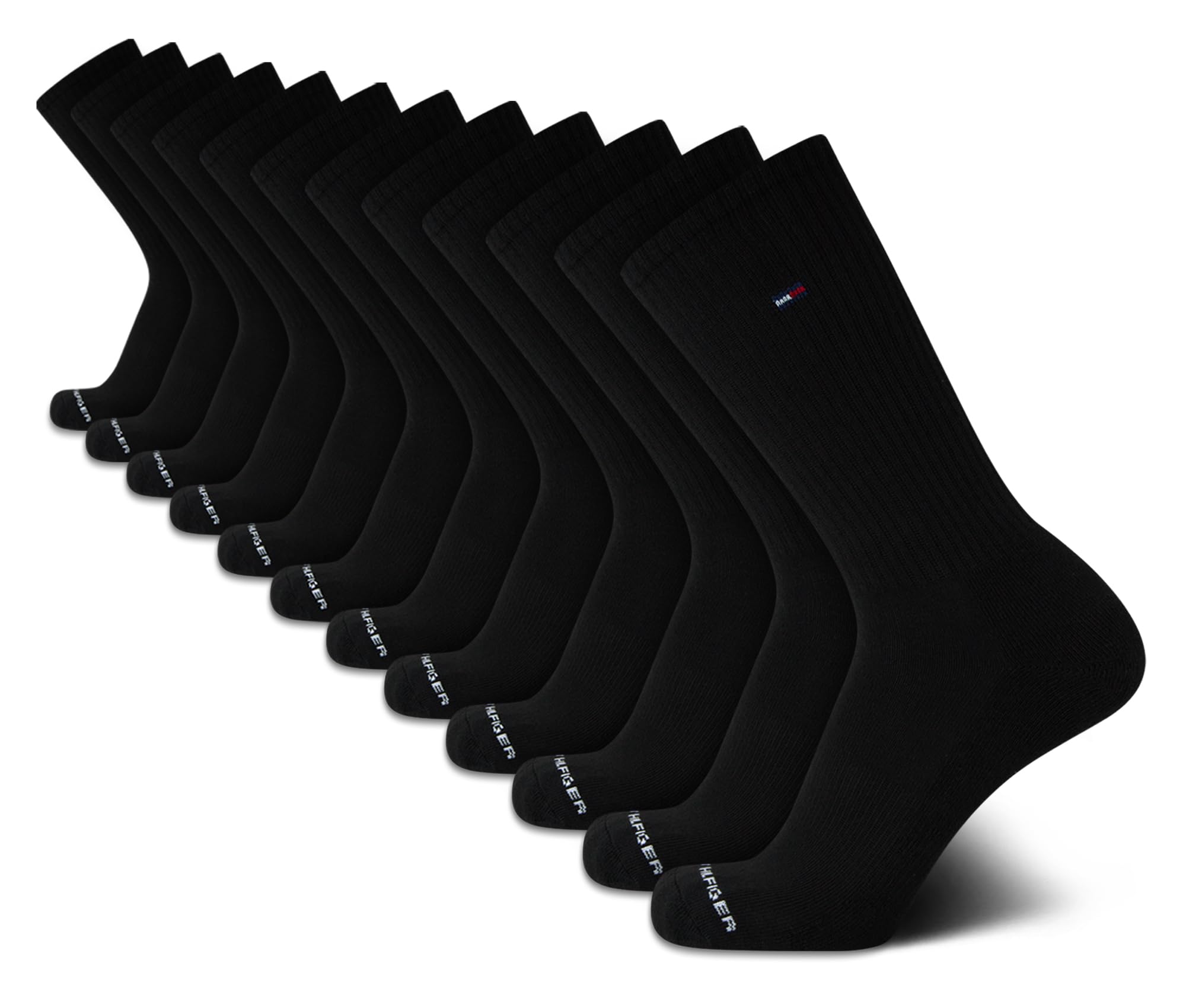 Tommy Hilfiger Mens Crew Socks - 12 Pack Cotton Blend Cushioned Athletic Performance Crew Length Running Socks for Men, Size 7-12, Pure Black