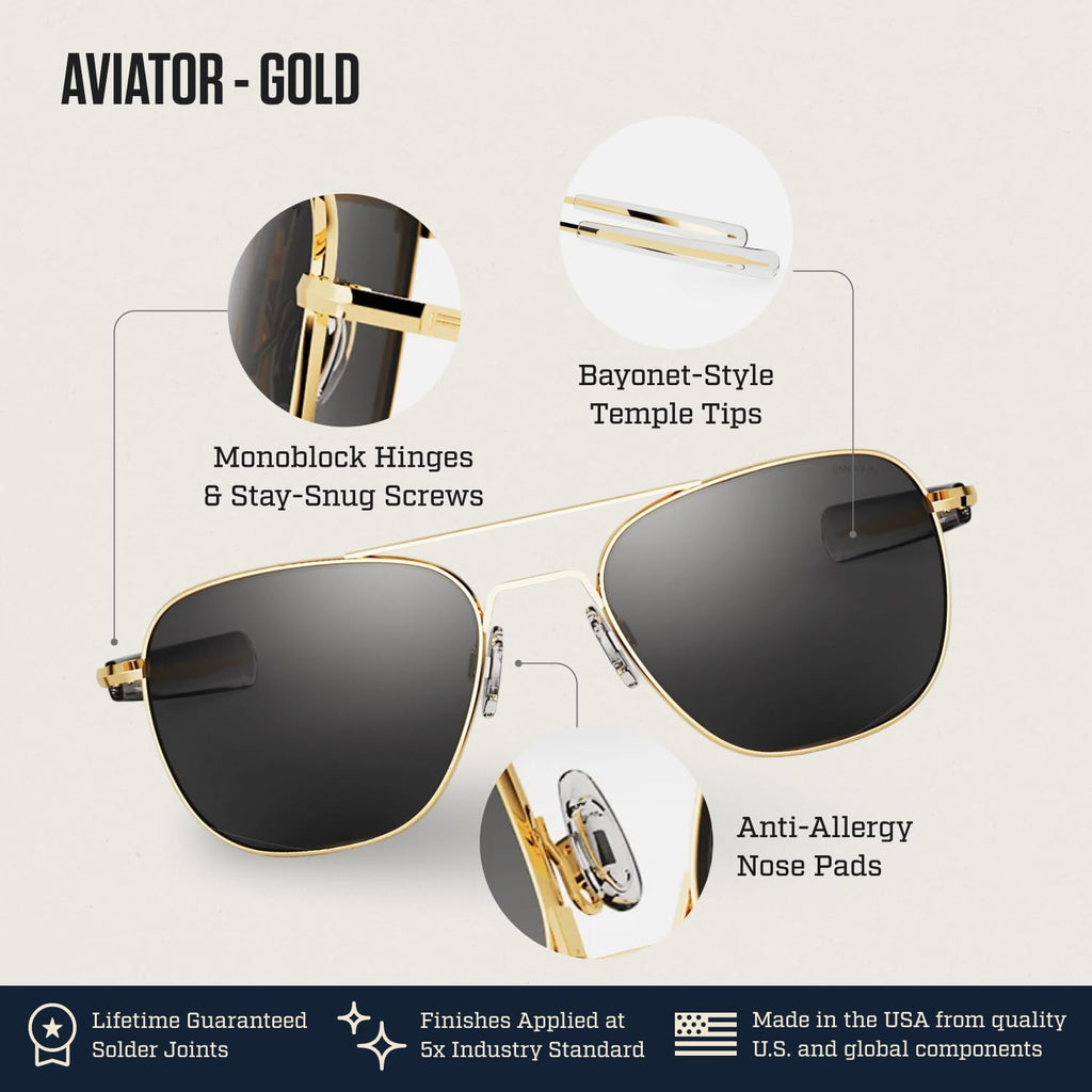 Randolph Eyewear Aviator Sunglasses for Women and Men – Classic Aviator Glasses Non-Polarized and 23k Gold Frame, UV Protection Sunglasses Made to Last a Lifetime (American Gray)
