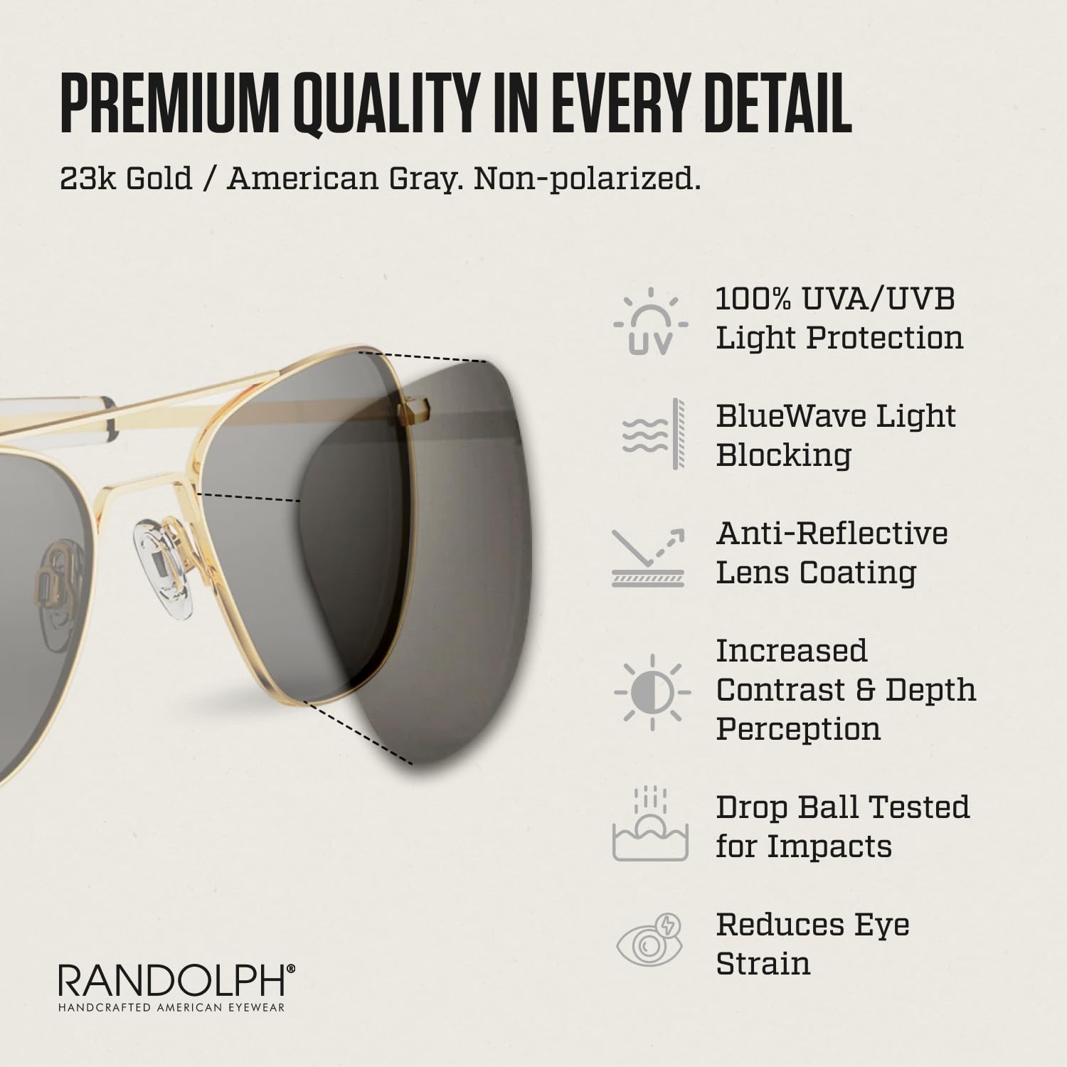 Randolph Eyewear Aviator Sunglasses for Women and Men – Classic Aviator Glasses Non-Polarized and 23k Gold Frame, UV Protection Sunglasses Made to Last a Lifetime (American Gray)