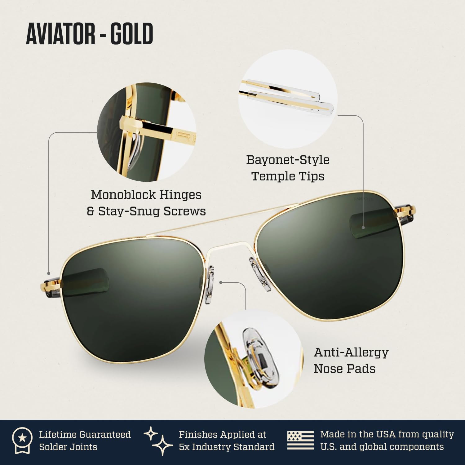 Randolph Eyewear Aviator Sunglasses for Women and Men – Classic Aviator Glasses Non-Polarized and 23k Gold Frame, UV Protection Sunglasses Made to Last a Lifetime (AGX Green)