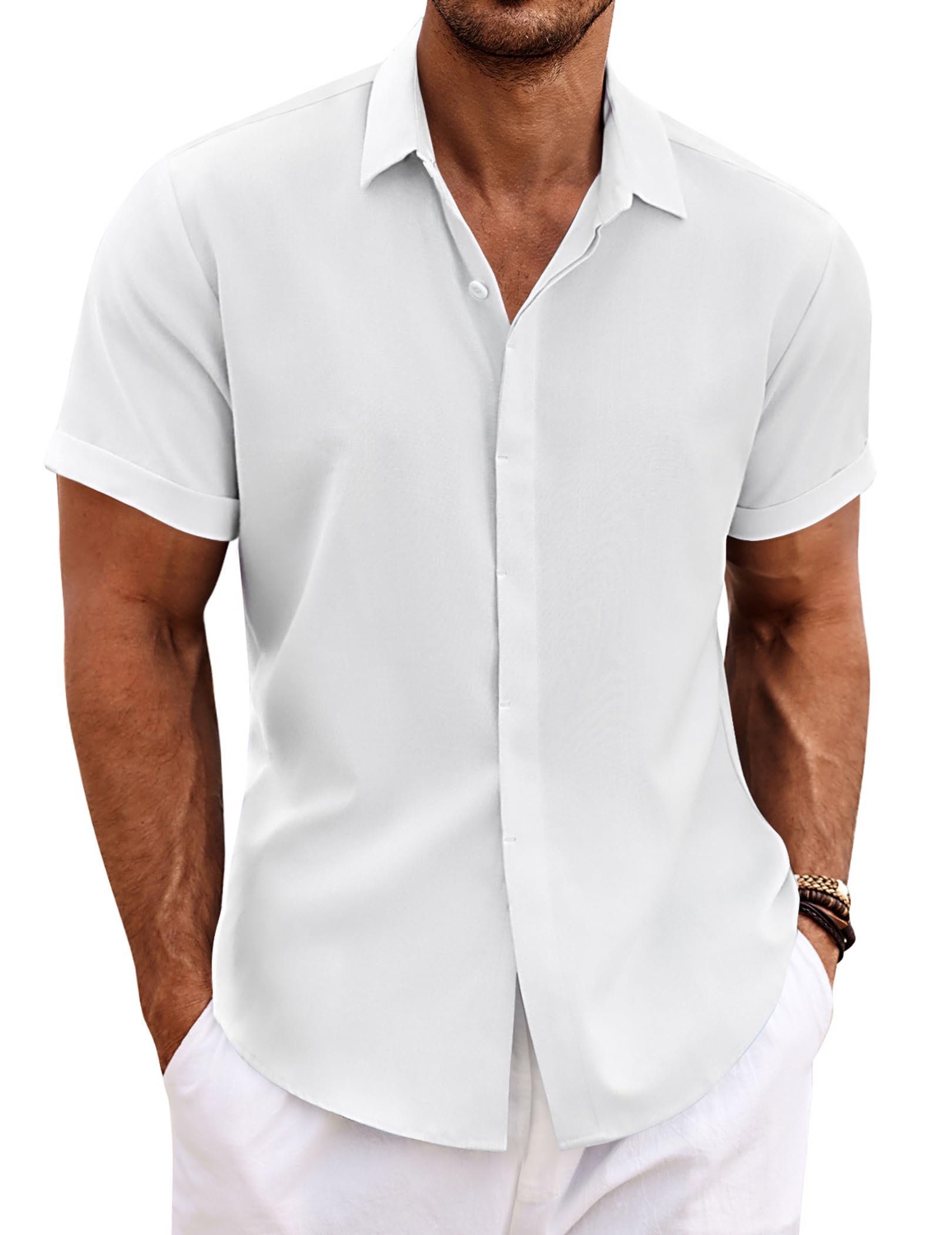 COOFANDY Men's Beach Wedding Shirt Casual Short Sleeve Linen Shirts Button Up Shirt