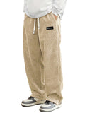 Hidkat Mens Corduroy Casual Pants Fashion Loose Fit Wide Leg Pants Straight Sweatpants Elastic Waist Drawstring Khaki