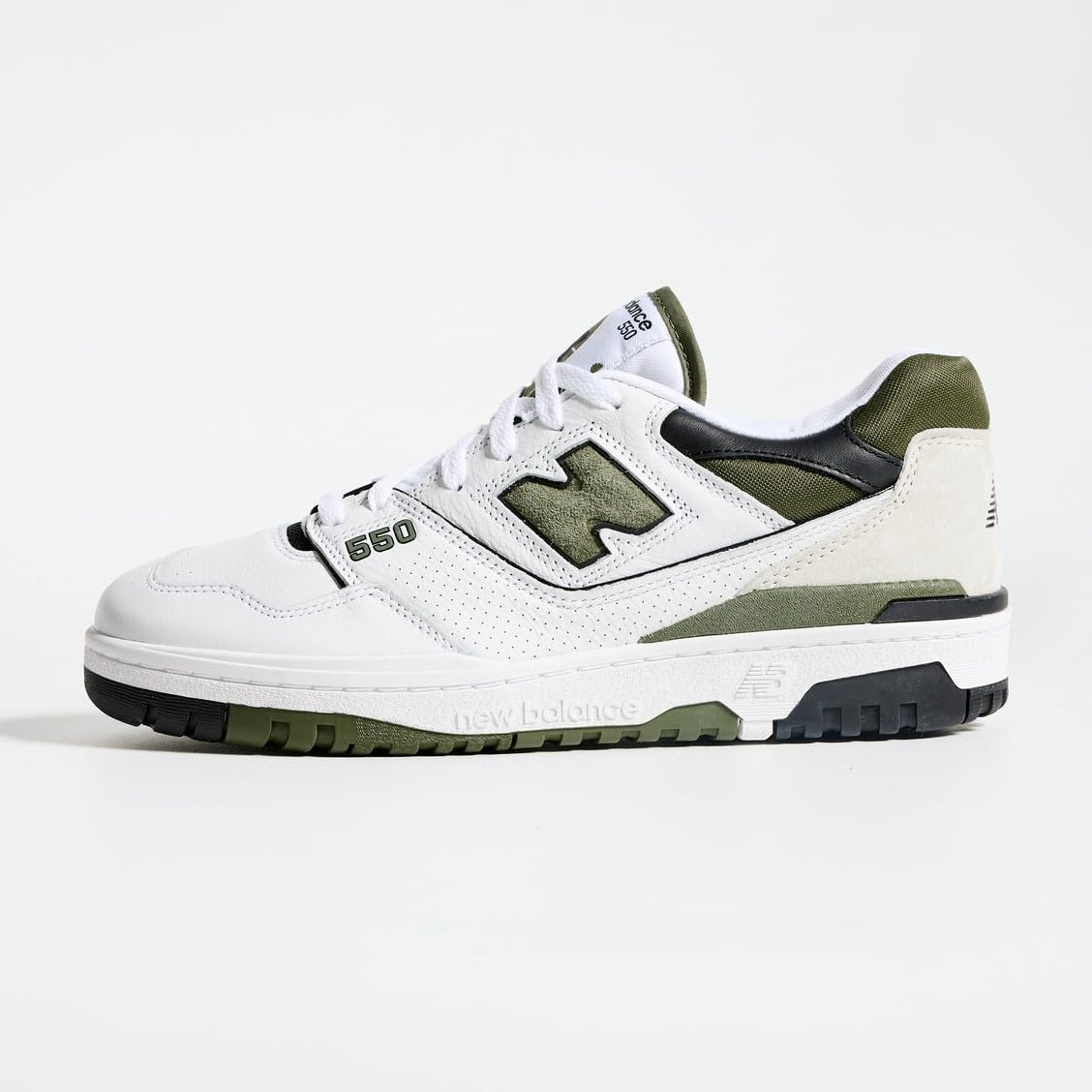 New Balance Men's 550 Sneakers, White/Dark Olivine, 9 Medium US