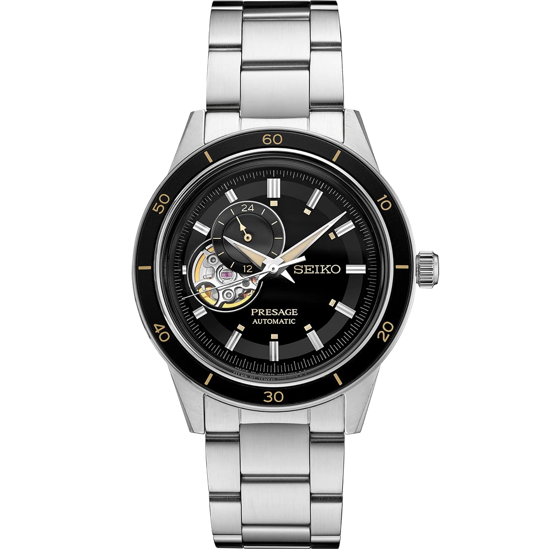 SEIKO SSA425 Automatic Watch for Men - Presage Collection - Black Open-Aperture Dial with Vintage 1960s Watch Inspiration - 50M Water Resistant