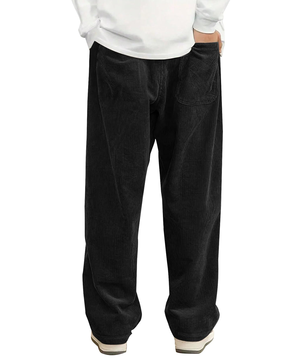 Hidkat Mens Corduroy Casual Pants Fashion Loose Fit Wide Leg Pants Straight Sweatpants Elastic Waist Drawstring Black