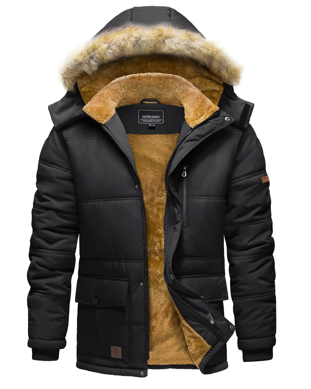 TACVASEN Coat for Men Winter Jacket with Hood Water Repellent Windbreaker Warm Fleece Hiking Jacket Black