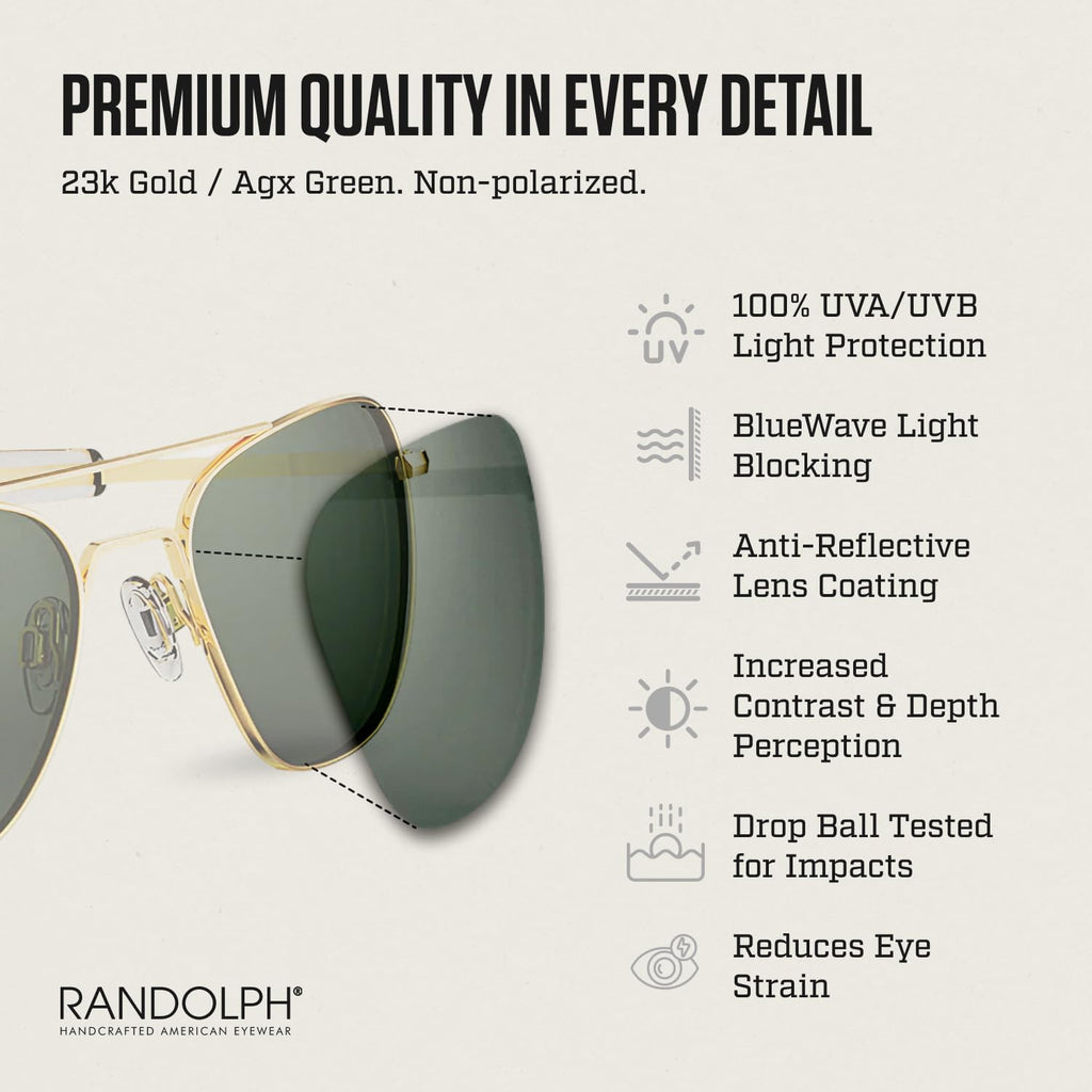 Randolph Eyewear Aviator Sunglasses for Women and Men – Classic Aviator Glasses Non-Polarized and 23k Gold Frame, UV Protection Sunglasses Made to Last a Lifetime (AGX Green)