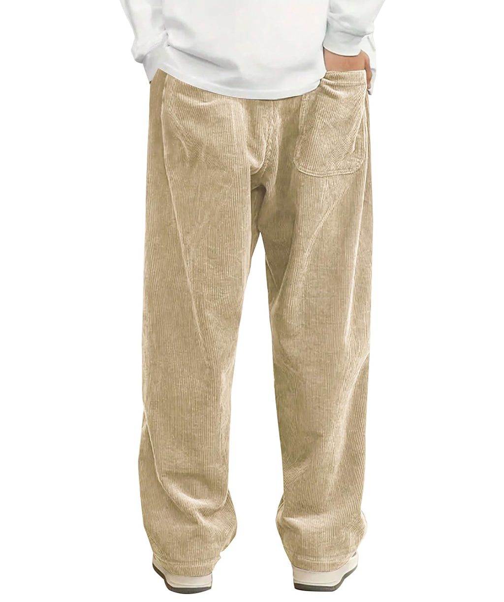 Hidkat Mens Corduroy Casual Pants Fashion Loose Fit Wide Leg Pants Straight Sweatpants Elastic Waist Drawstring Khaki