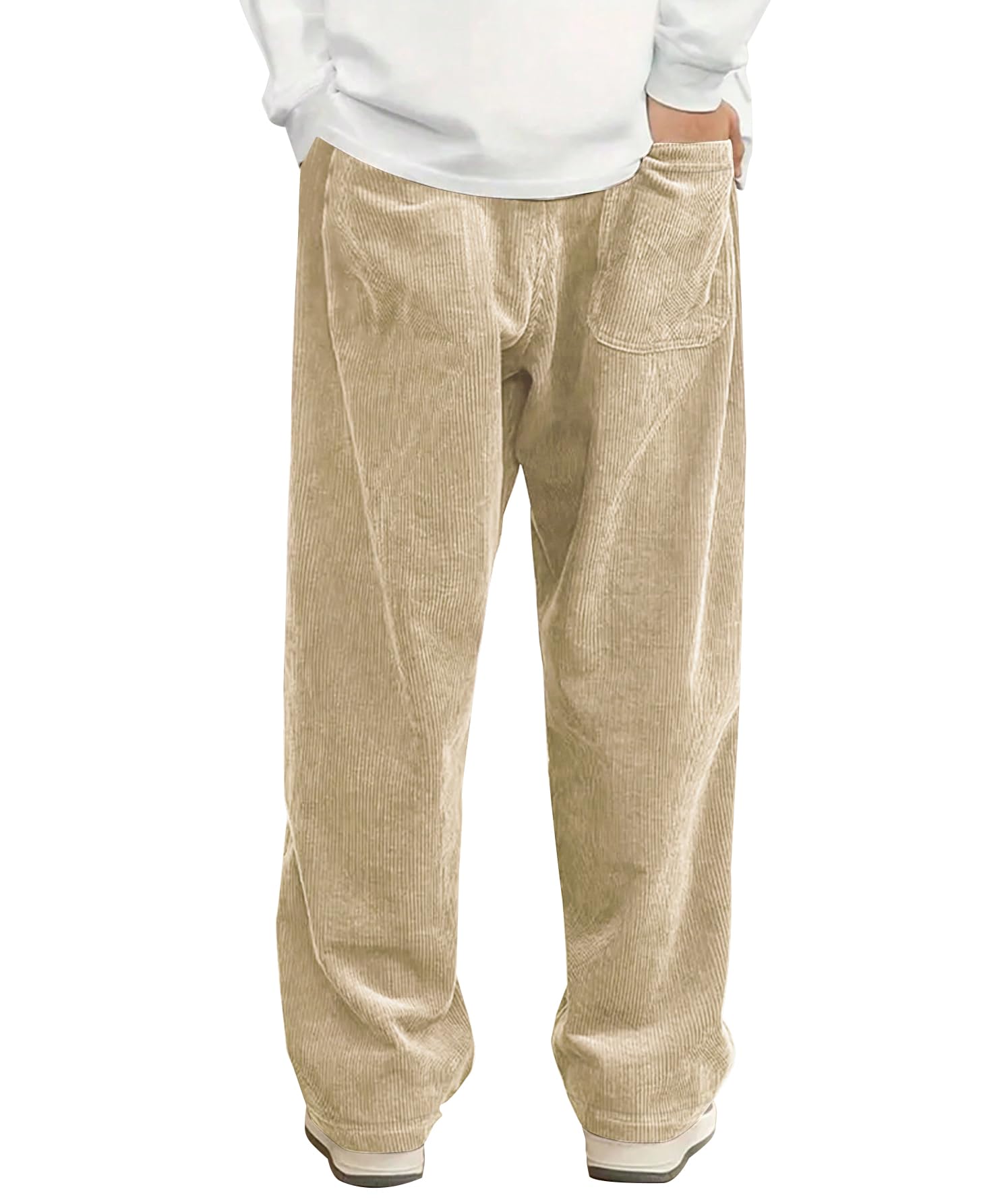 Hidkat Mens Corduroy Casual Pants Fashion Loose Fit Wide Leg Pants Straight Sweatpants Elastic Waist Drawstring Khaki