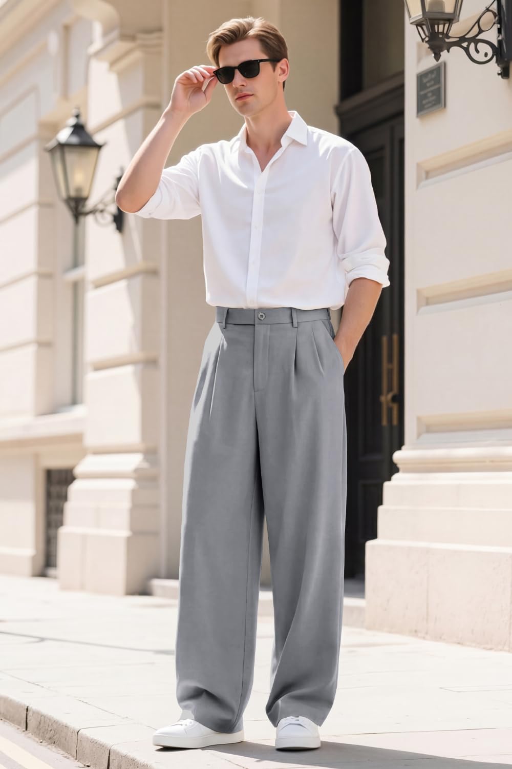 Heyfanee Mens Casual Pants Baggy with Pleats Slacks for Men Relaxed fit Lightweight Chinos Light Grey 34