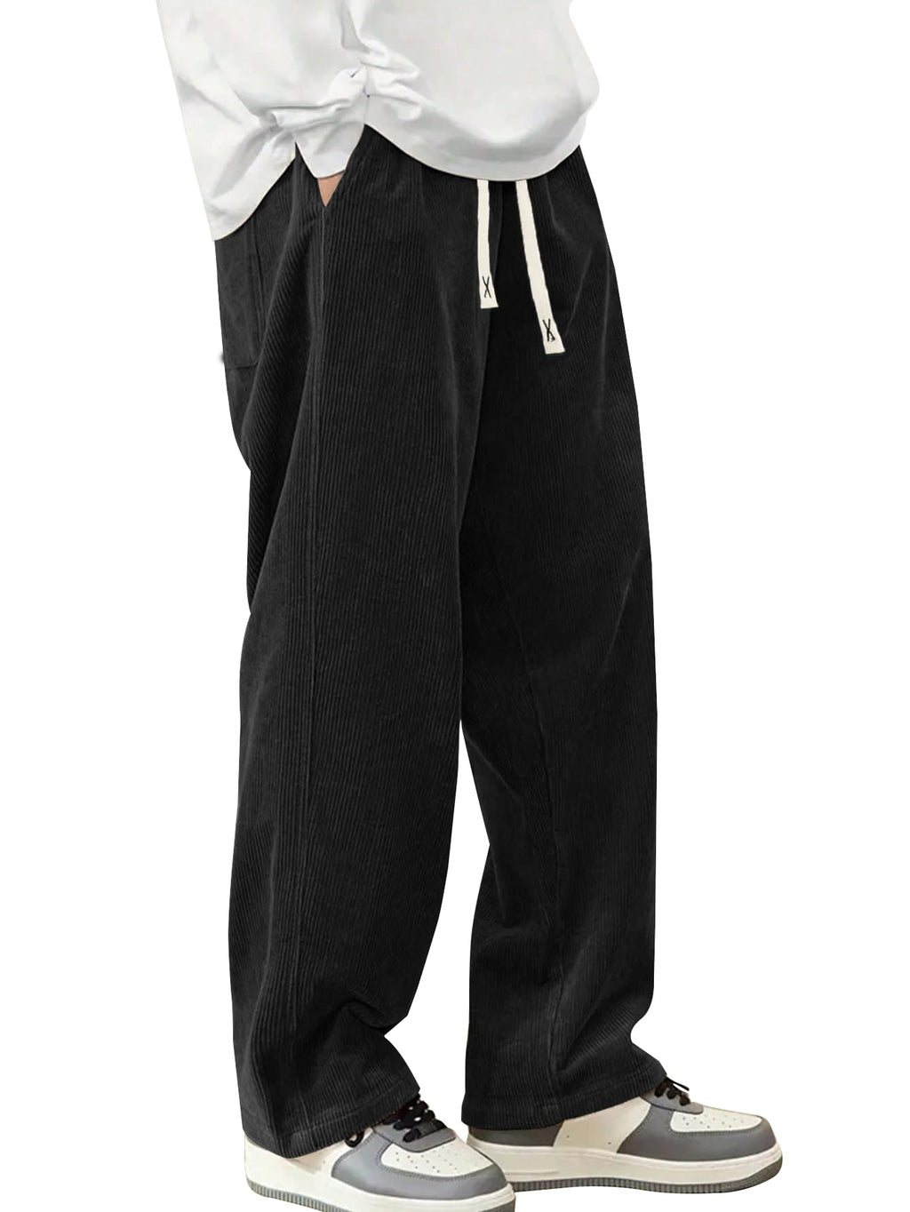 Hidkat Mens Corduroy Casual Pants Fashion Loose Fit Wide Leg Pants Straight Sweatpants Elastic Waist Drawstring Black