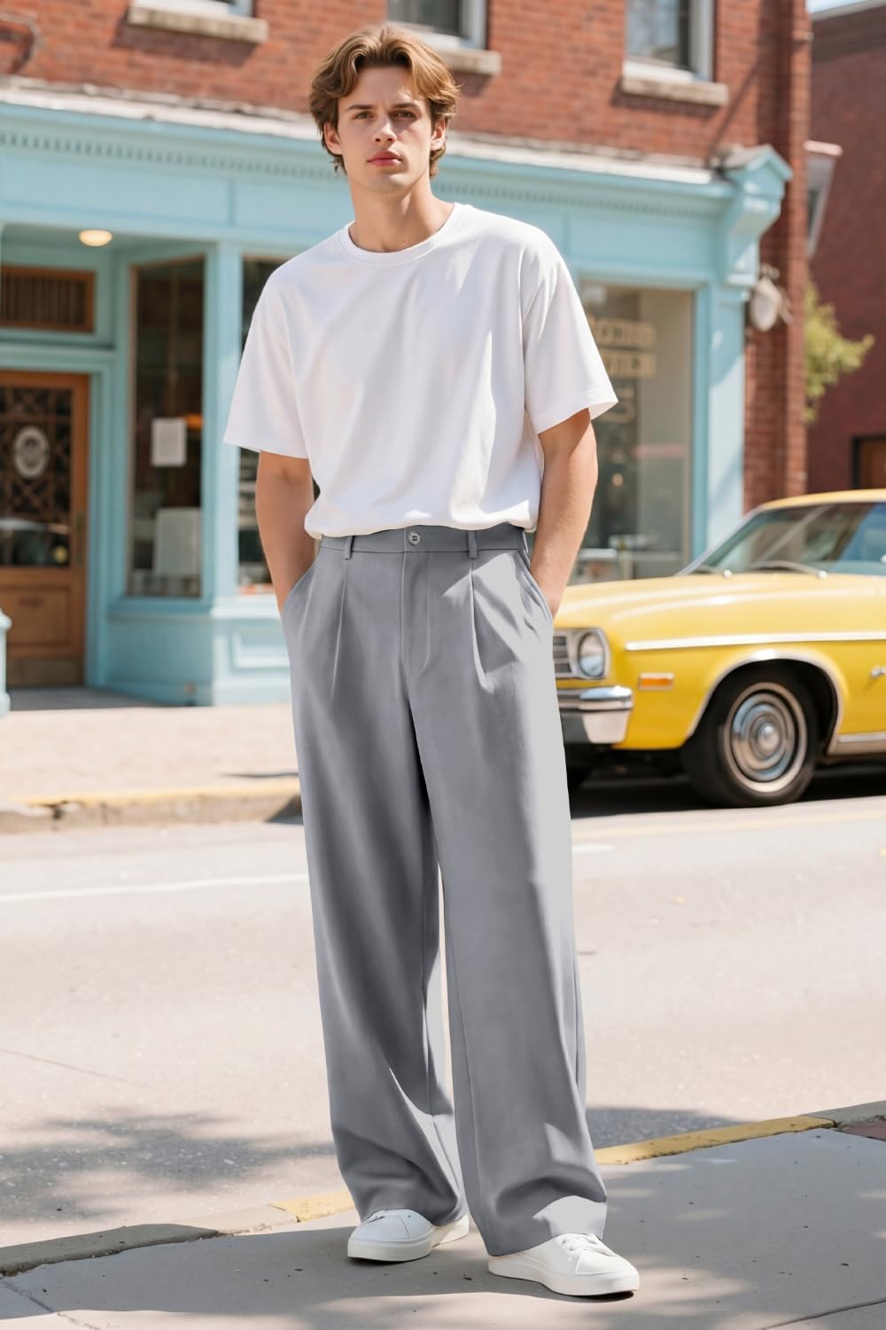 Heyfanee Mens Casual Pants Baggy with Pleats Slacks for Men Relaxed fit Lightweight Chinos Light Grey 34