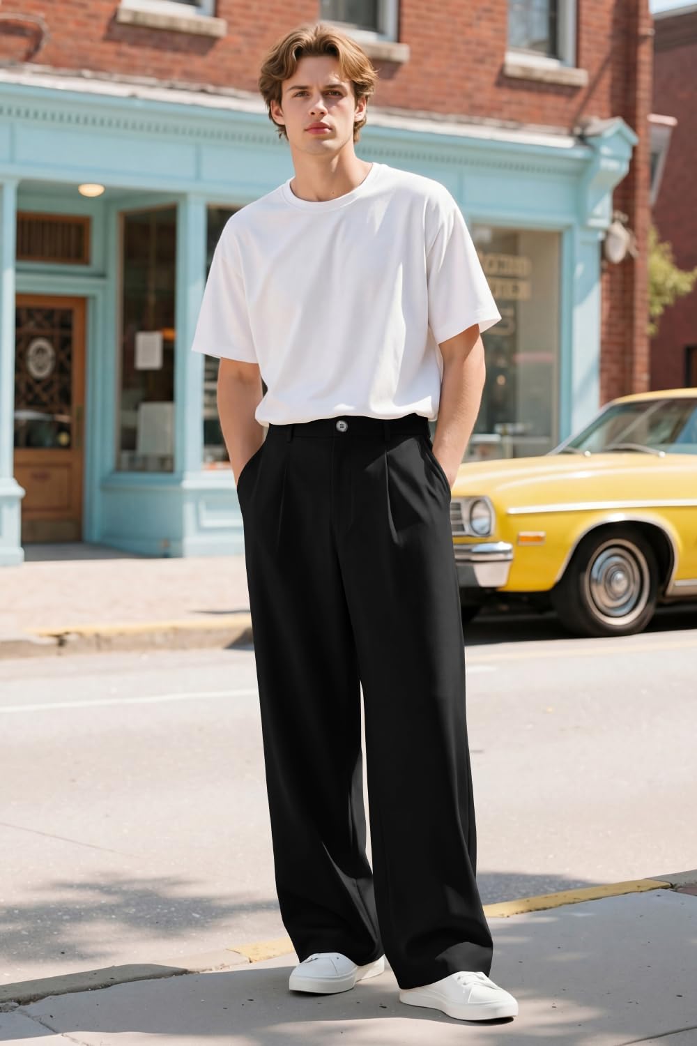 Heyfanee Mens Casual Pants Baggy with Pleats Slacks for Men Relaxed fit Lightweight Chinos Black 34