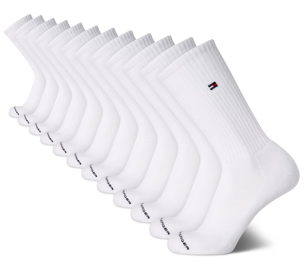 Tommy Hilfiger Mens Crew Socks - 12 Pack Cotton Blend Cushioned Athletic Performance Crew Length Running Socks for Men, Size 7-12, White Flag