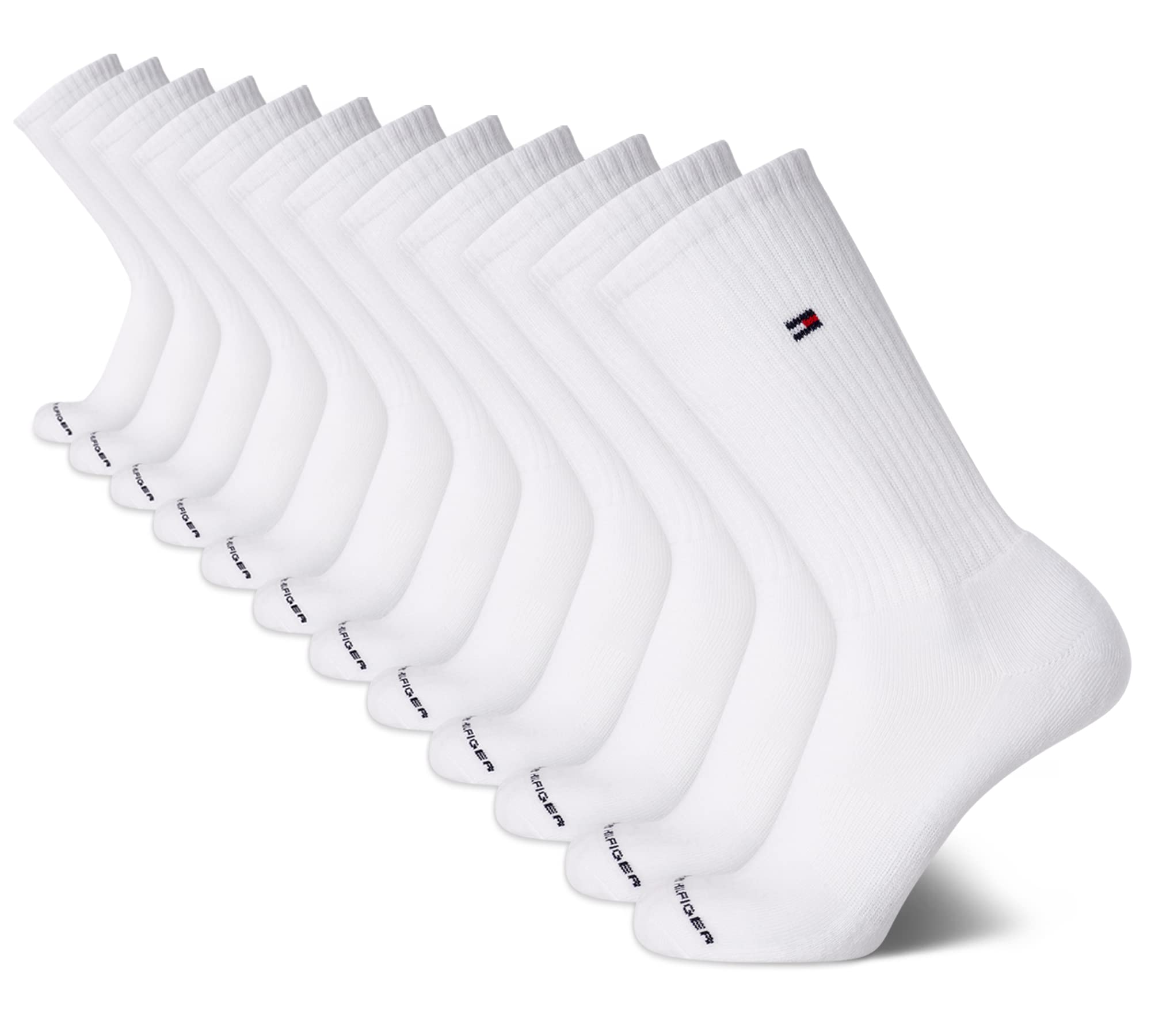 Tommy Hilfiger Mens Crew Socks - 12 Pack Cotton Blend Cushioned Athletic Performance Crew Length Running Socks for Men, Size 7-12, White Flag