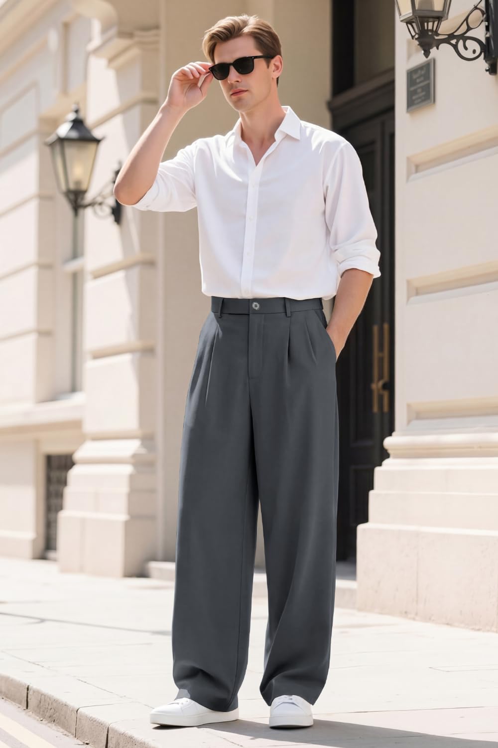 Heyfanee Mens Business Casual Pants Relaxed Fit Chino Dress Pants for Men Baggy Slacks Dark Grey 34