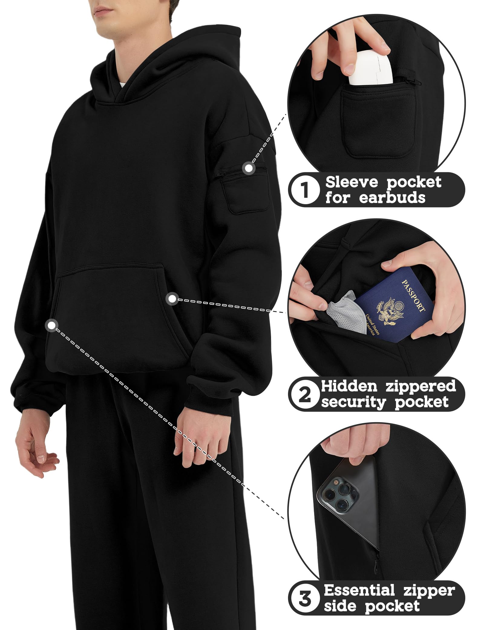 FAIABLE Mens Fleece Pullover Hoodie Relaxed Fit Oversized Hoodie for Men Soft Hooded Sweatshirts Everyday Casual Travel Hoodie with Zipper Pockets,Black, Medium