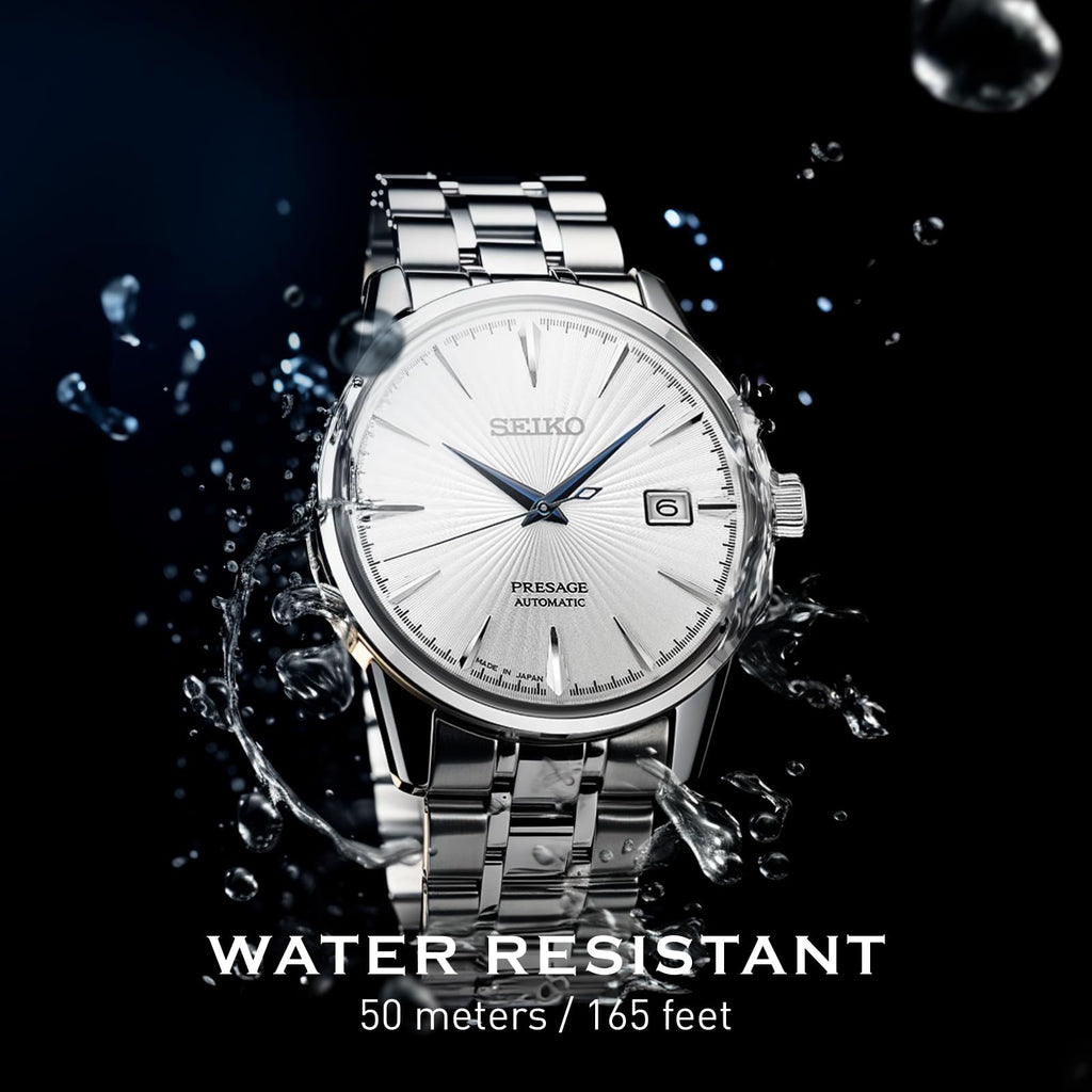 SEIKO SRPB77 Automatic Watch for Men - Presage Cocktail Time - Patterned Silver Dial with Gloss Finish, Date Calendar, 50m Water-Resistant