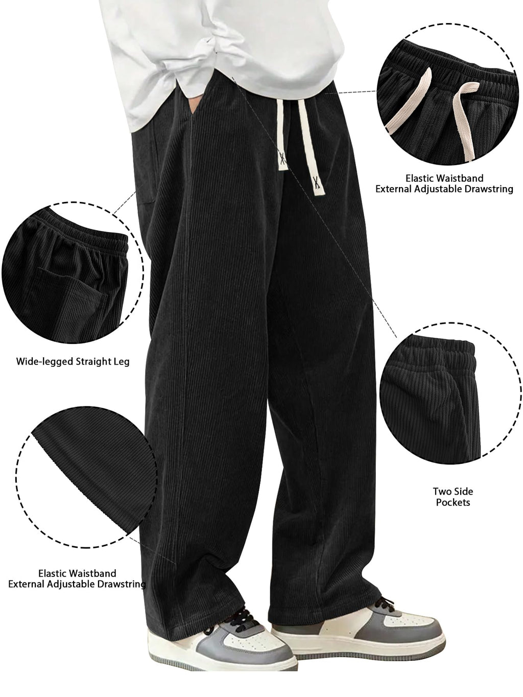 Hidkat Mens Corduroy Casual Pants Fashion Loose Fit Wide Leg Pants Straight Sweatpants Elastic Waist Drawstring Black
