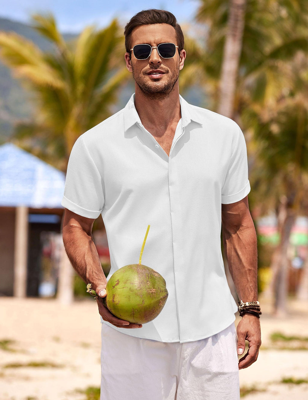 COOFANDY Men's Beach Wedding Shirt Casual Short Sleeve Linen Shirts Button Up Shirt