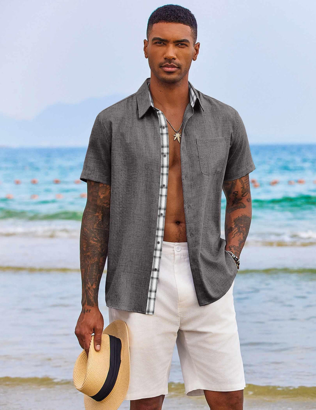 COOFANDY Men's Button Down Shirt Short Sleeve Casual Shirt Wrinkle Free Dress Shirt A-Dark Grey