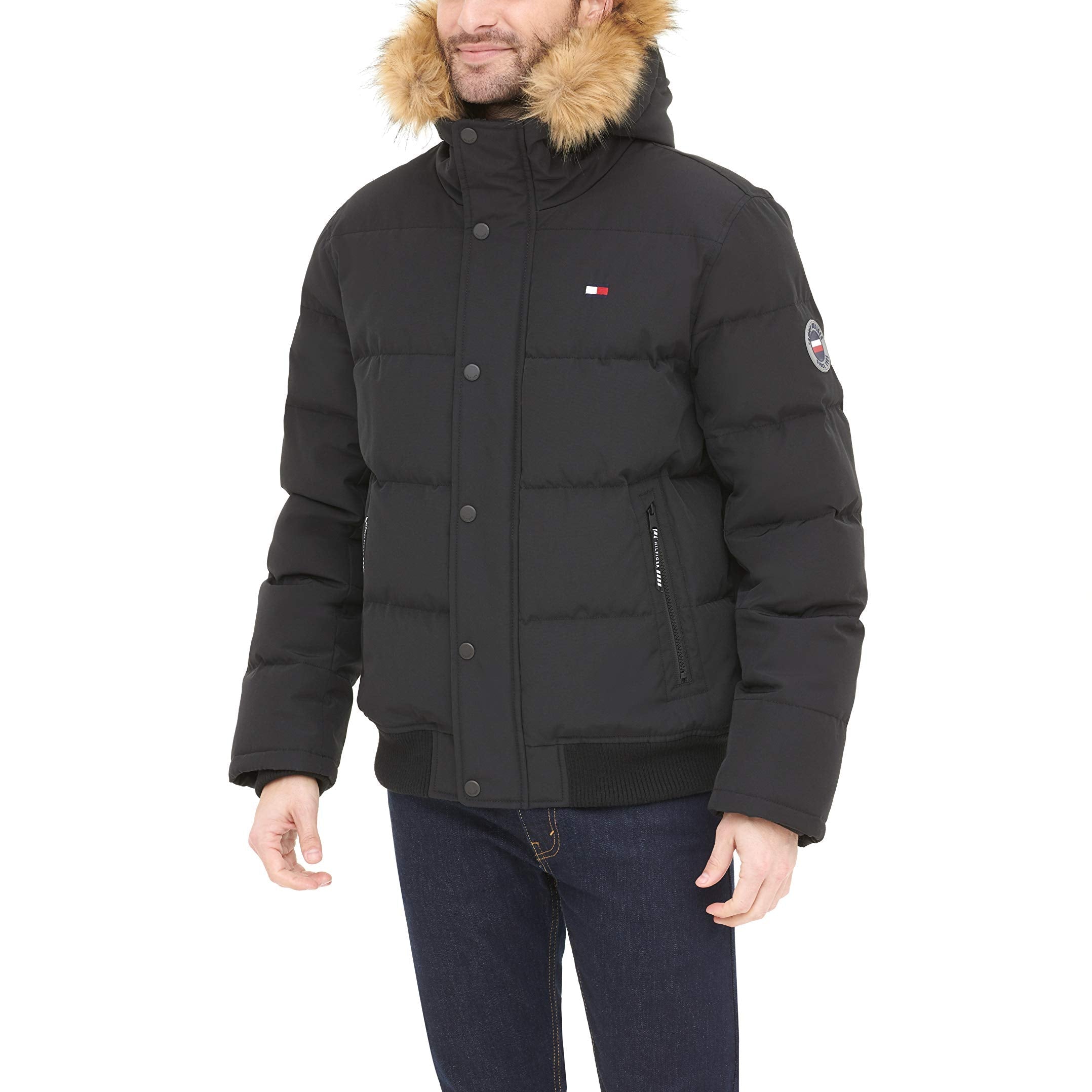 Tommy Hilfiger Men's Quilted Arctic Cloth Snorkel Bomber Jacket with Removable Hood (Standard and Big & Tall), Black, X-Large