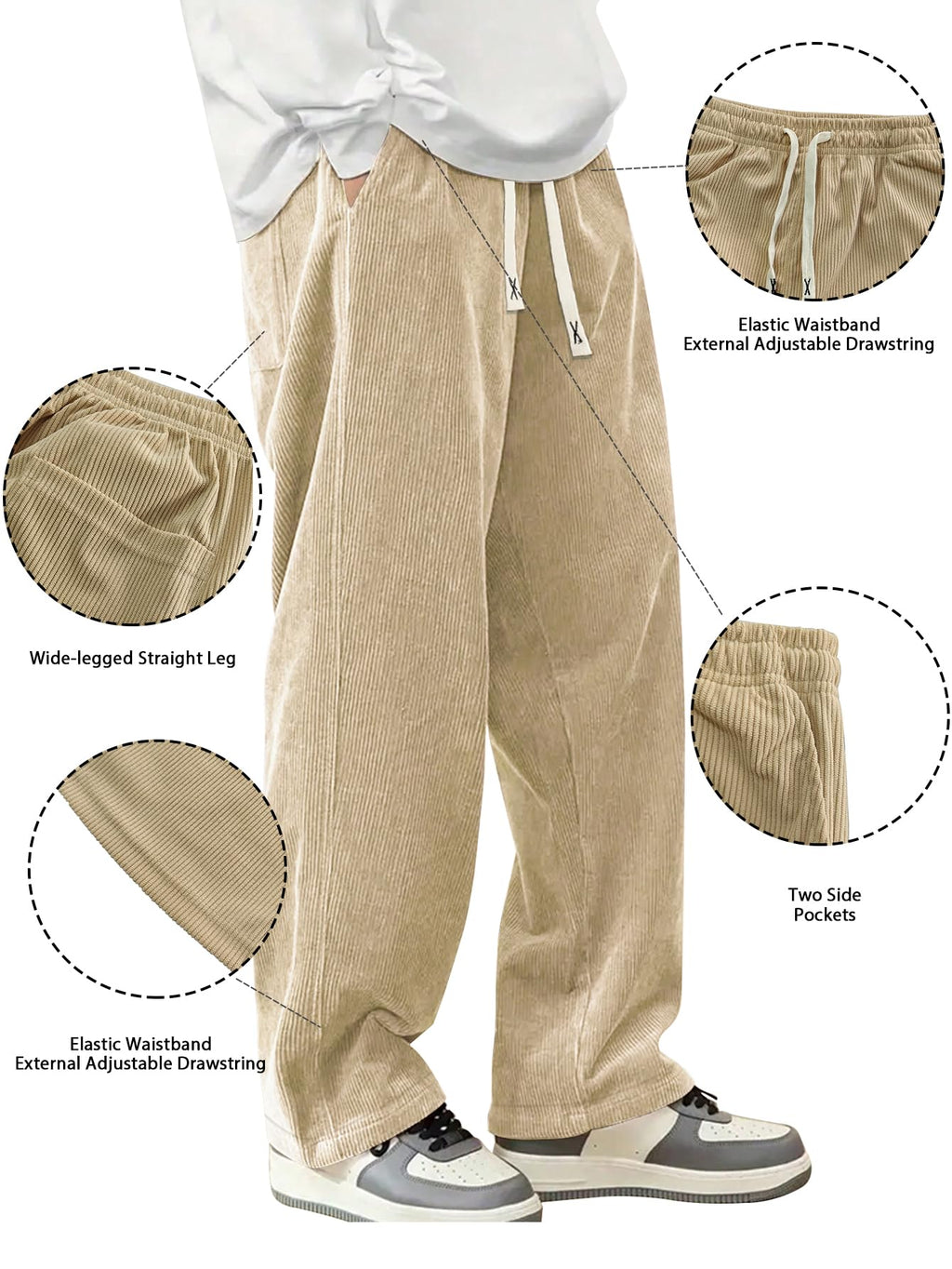Hidkat Mens Corduroy Casual Pants Fashion Loose Fit Wide Leg Pants Straight Sweatpants Elastic Waist Drawstring Khaki