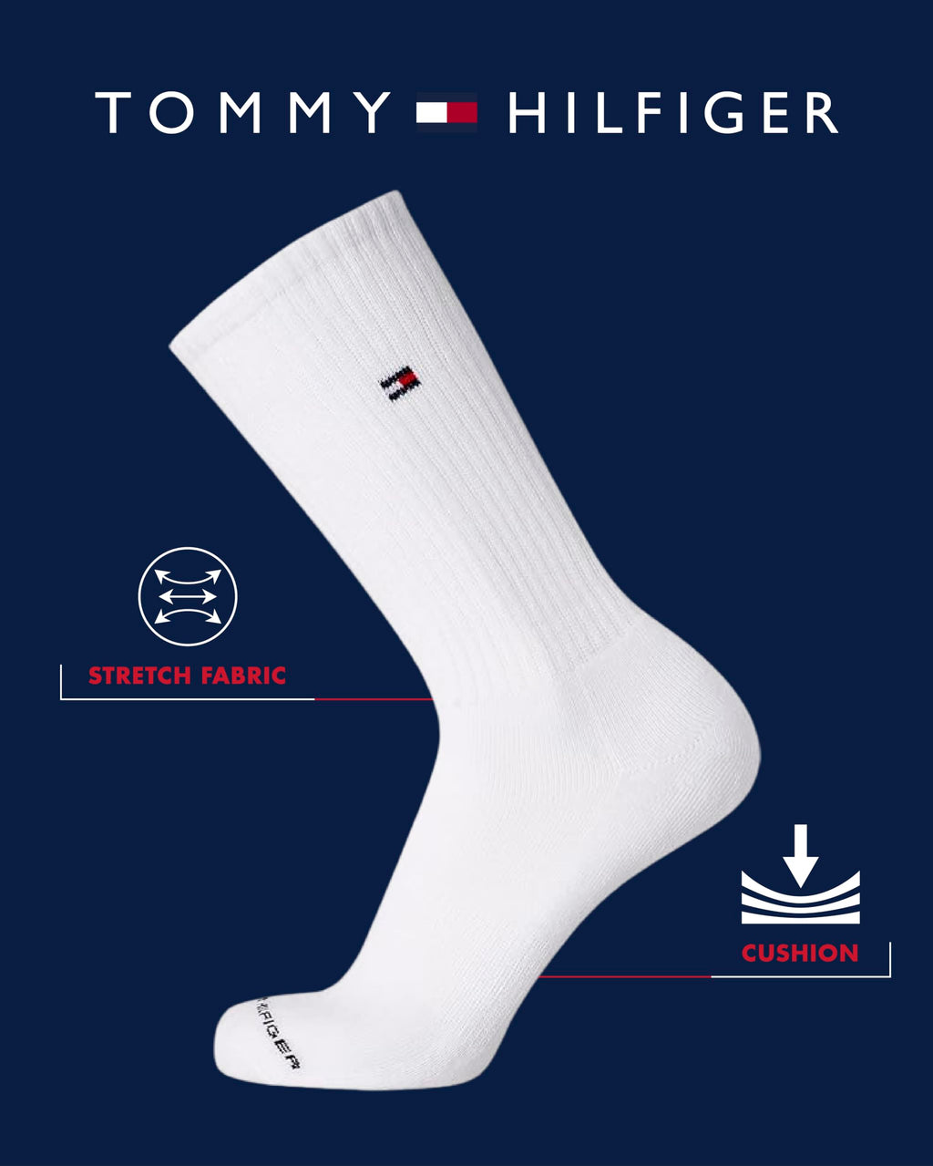 Tommy Hilfiger Mens Crew Socks - 12 Pack Cotton Blend Cushioned Athletic Performance Crew Length Running Socks for Men, Size 7-12, White Flag