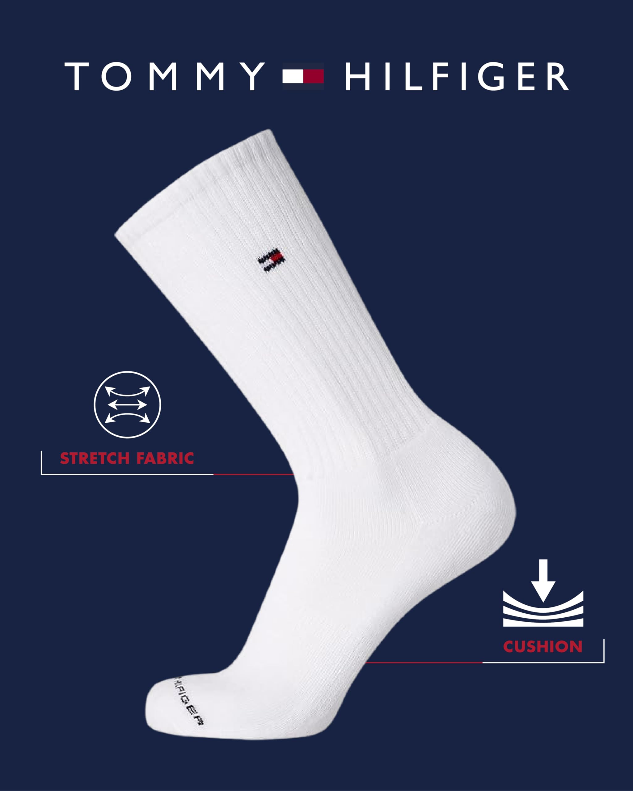 Tommy Hilfiger Mens Crew Socks - 12 Pack Cotton Blend Cushioned Athletic Performance Crew Length Running Socks for Men, Size 7-12, White Flag