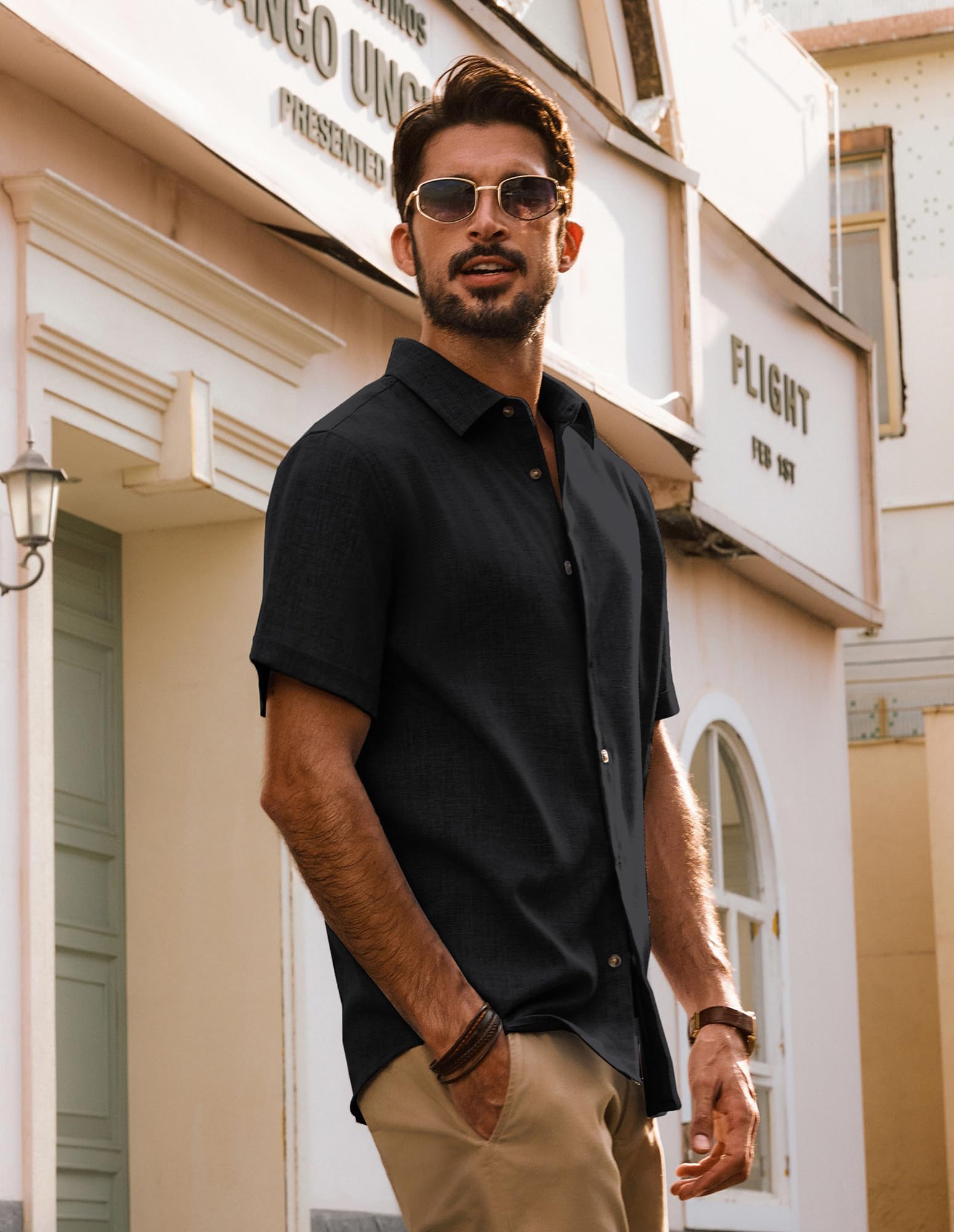 PJ Jones Mens Casual Shirts Short Sleeve Button Down Shirt Lightweight Summer Shirts Black